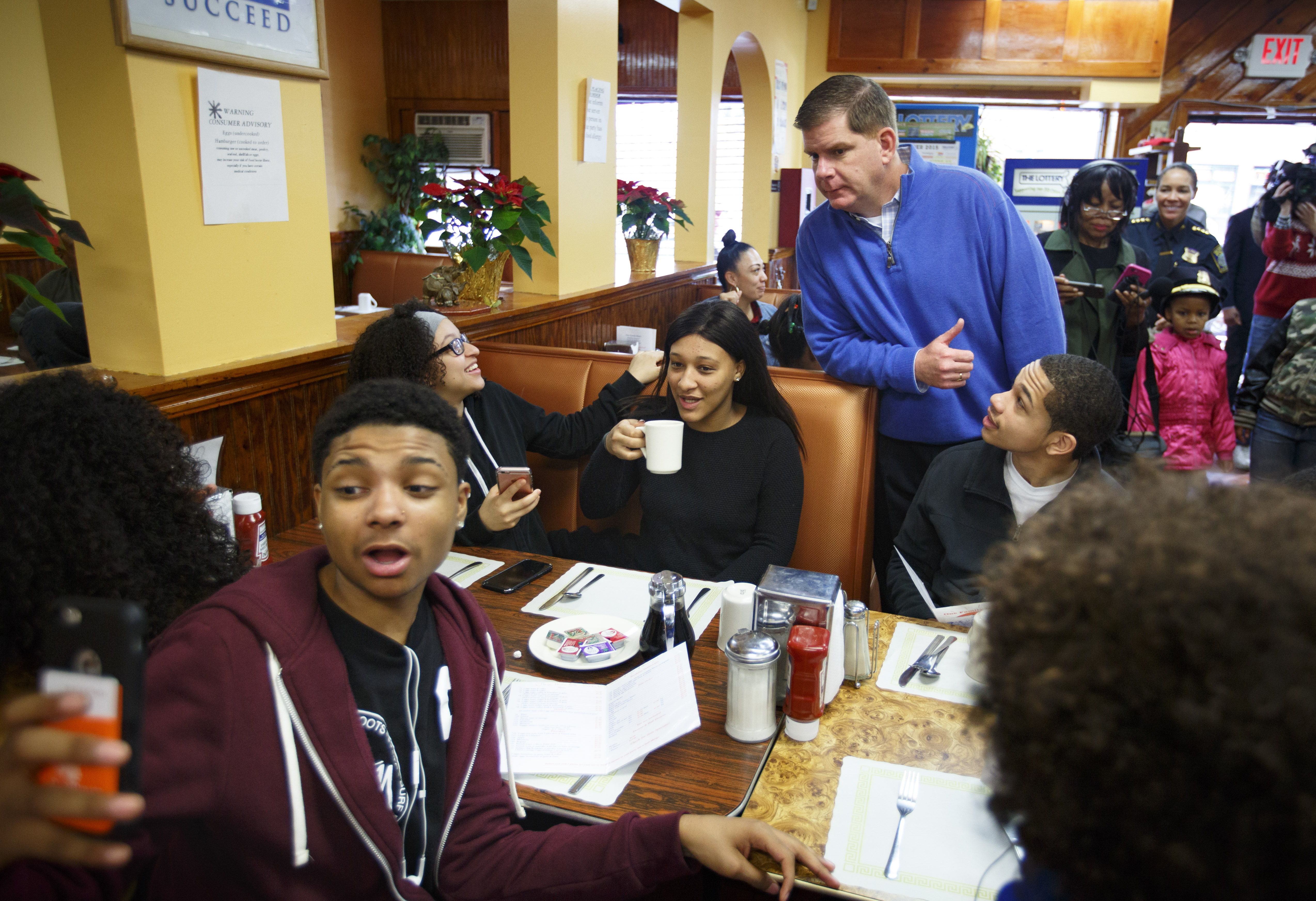 Mayor Walsh often took time to meet with residents at diners across the city, including One Family Diner on Bowdoin Street in Dorchester .