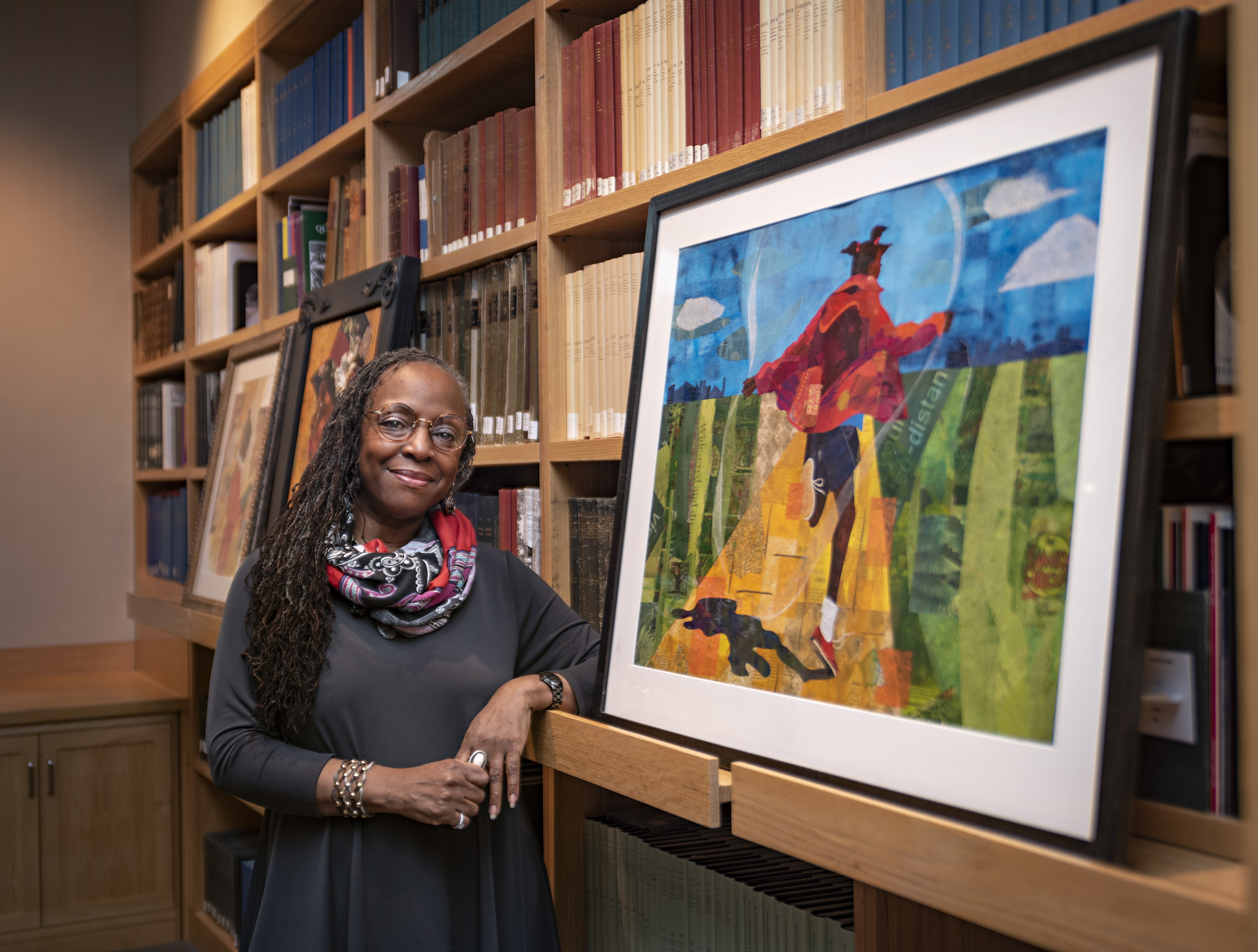 Artist Ekua Holmes at the MFA with "Golden," from 2009.