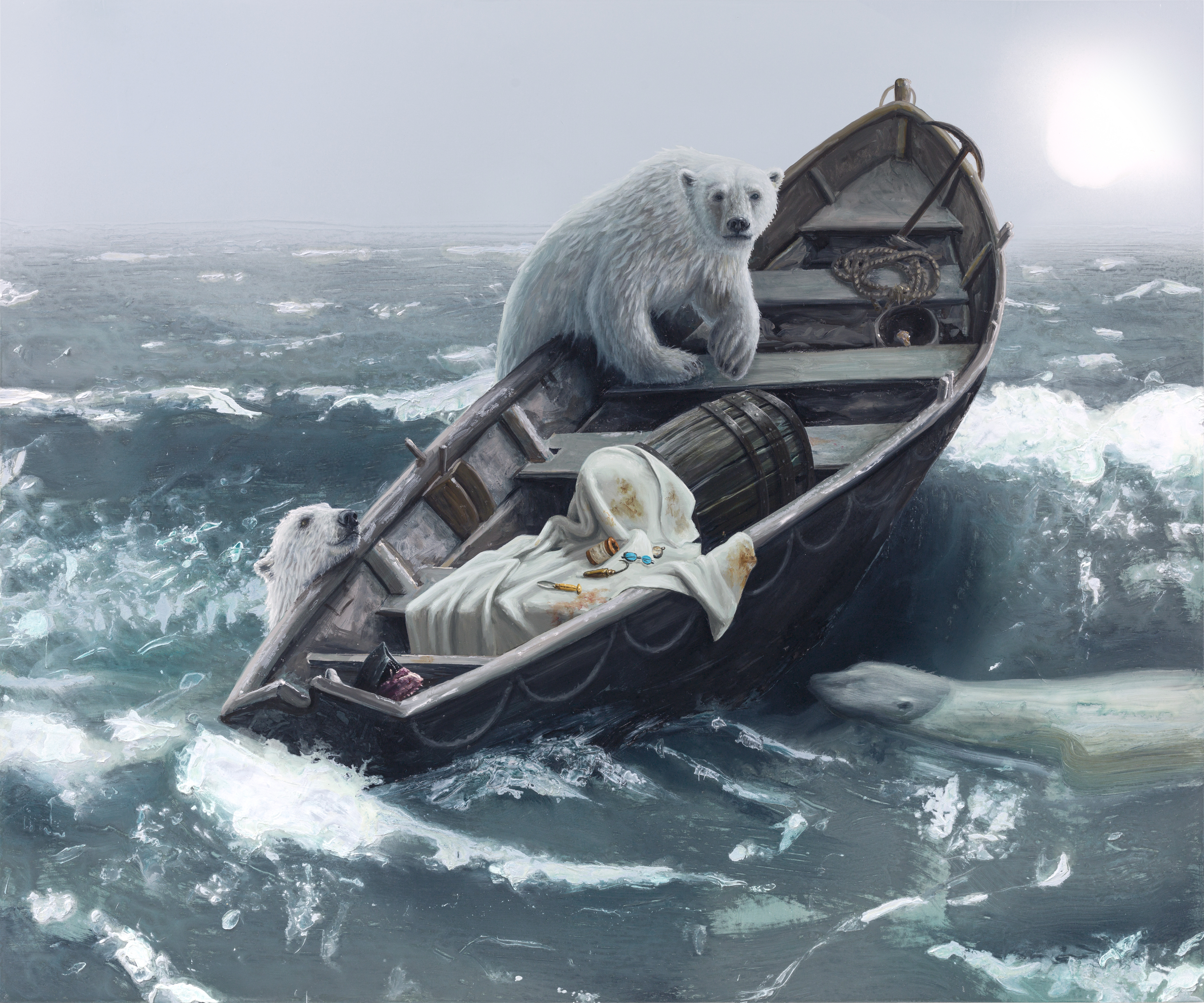 Alexis Rockman’s “The Lifeboat of the HMS Erebus,” 2019, oil on wood. The painting is part of the Peabody Essex Museum exhibit “Alexis Rockman: Shipwrecks” that will include a writing workshop led by poets Eleni Sikelianos and Lucía Hinojosa Gaxiola.