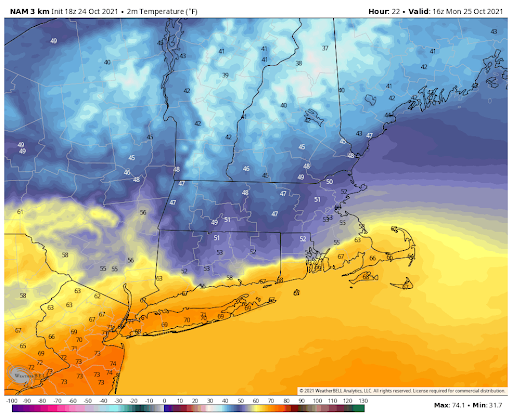 It will be in the 70s south of New England Monday but raw and chilly north of the Mass Pike.