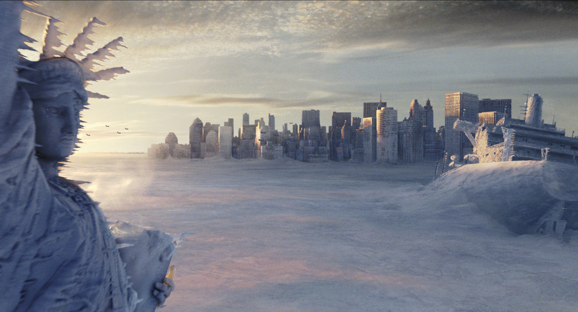 The Statue of Liberty, left, and the New York city skyline sit in a deep freeze in the wake of a catastrophic climatic shift in a scene from Twentieth Century Fox's "The Day After Tomorrow."