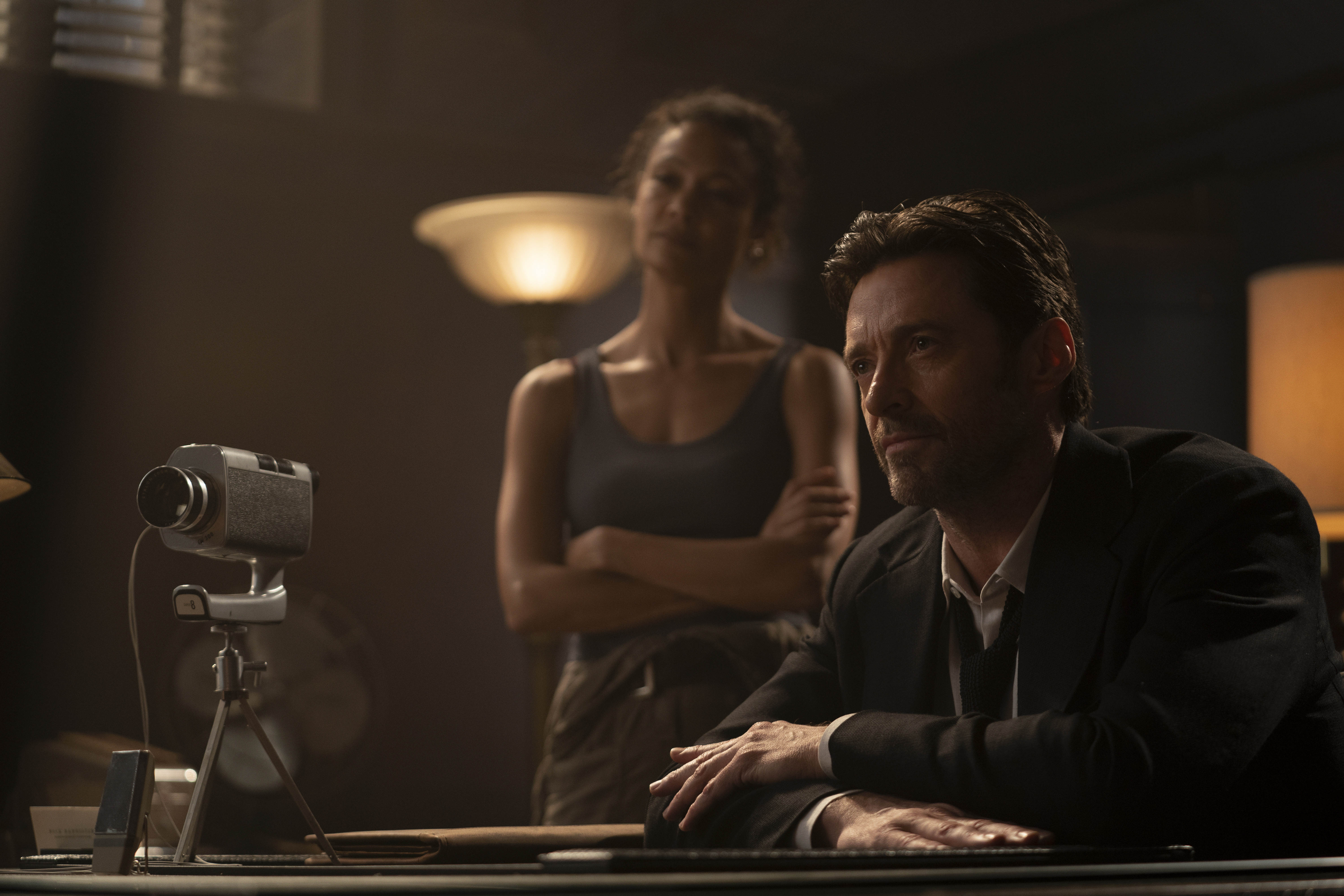 Thandiwe Newton, left, and Hugh Jackman in "Reminiscence."