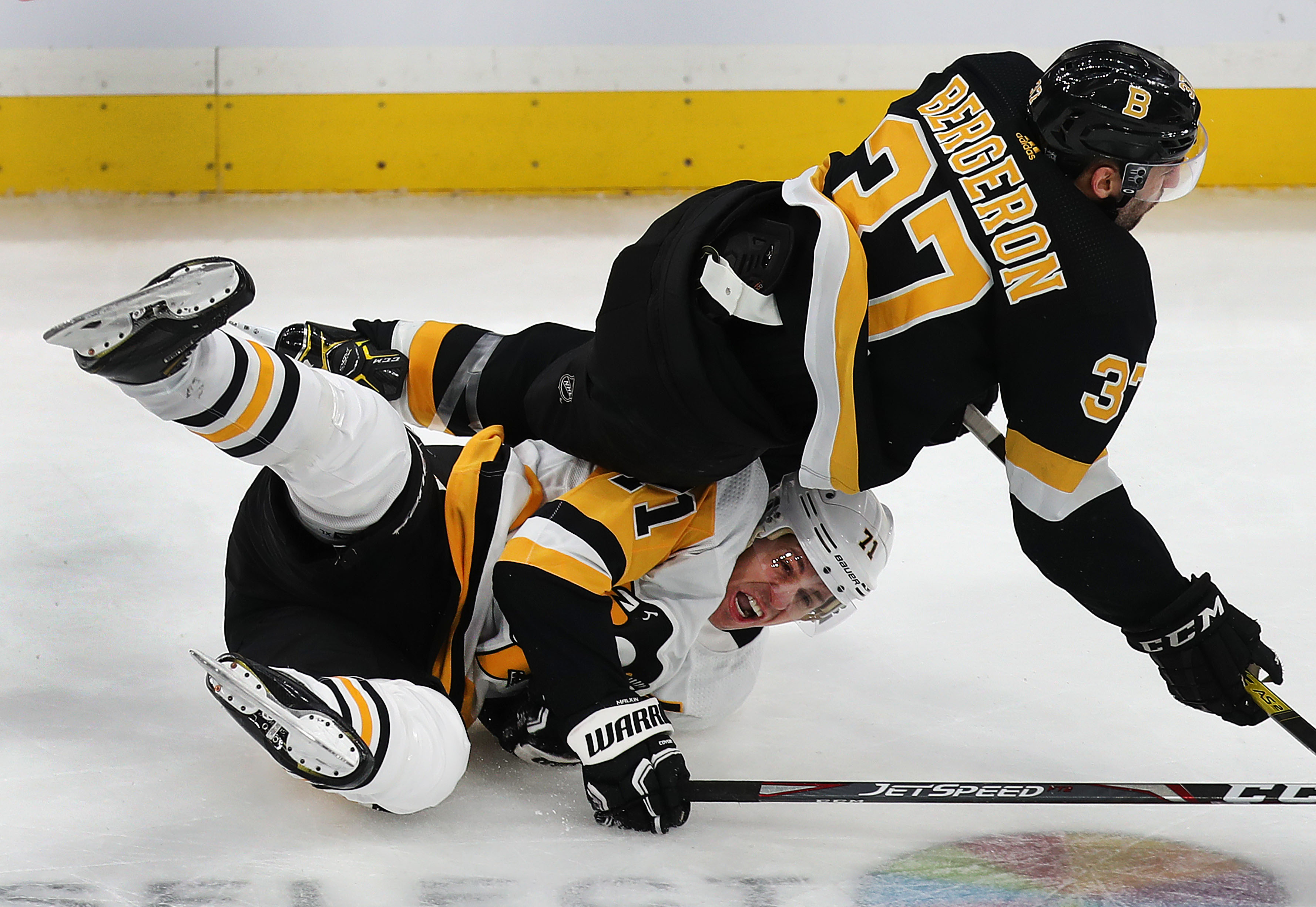 Bruins forward Patrice Bergeron collided with Penguins forward Evgeni Malkin in the second period of the teams’ game in Boston on January 16.