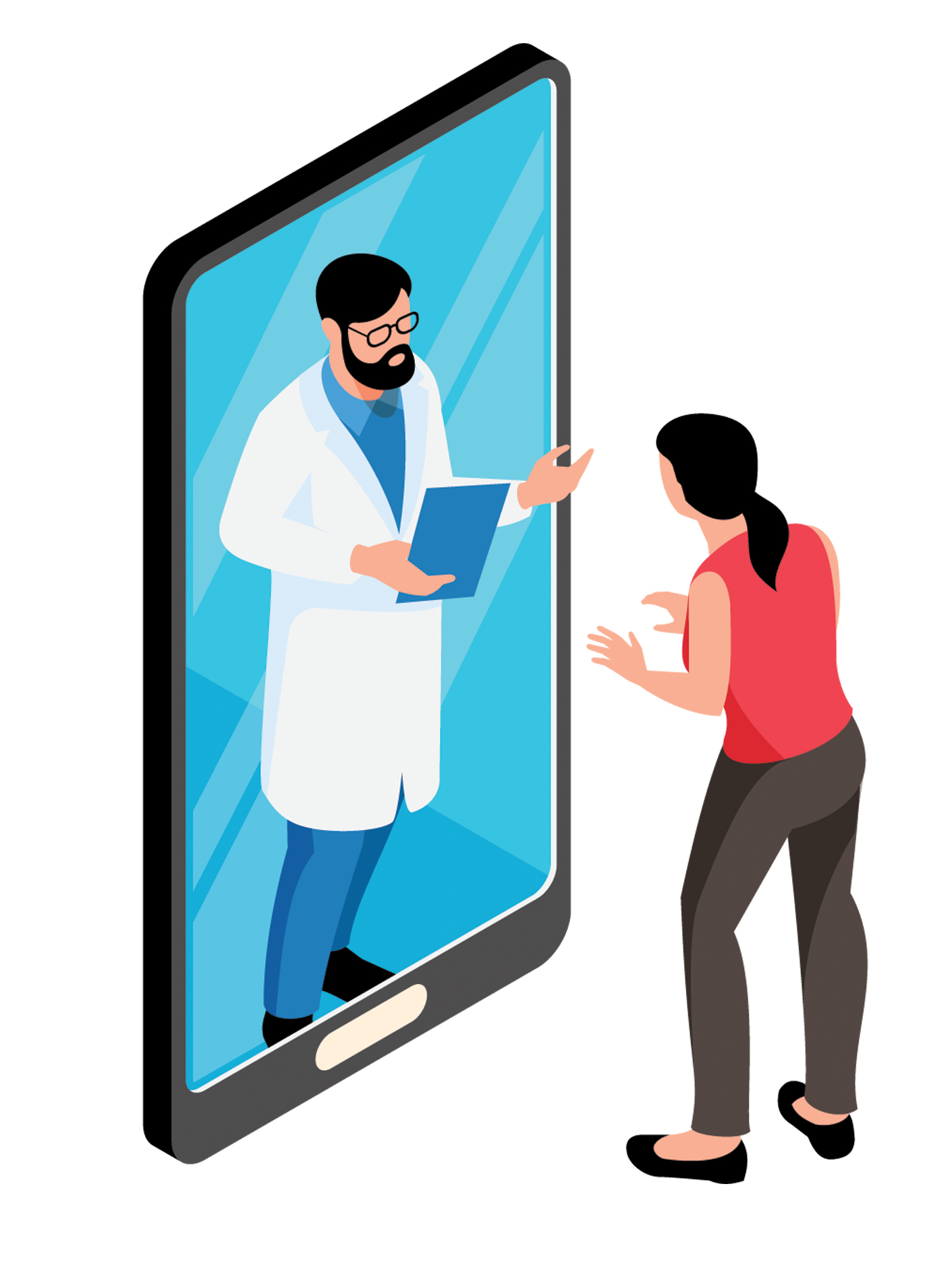 An illustration of a patient talking with a doctor via smartphone.