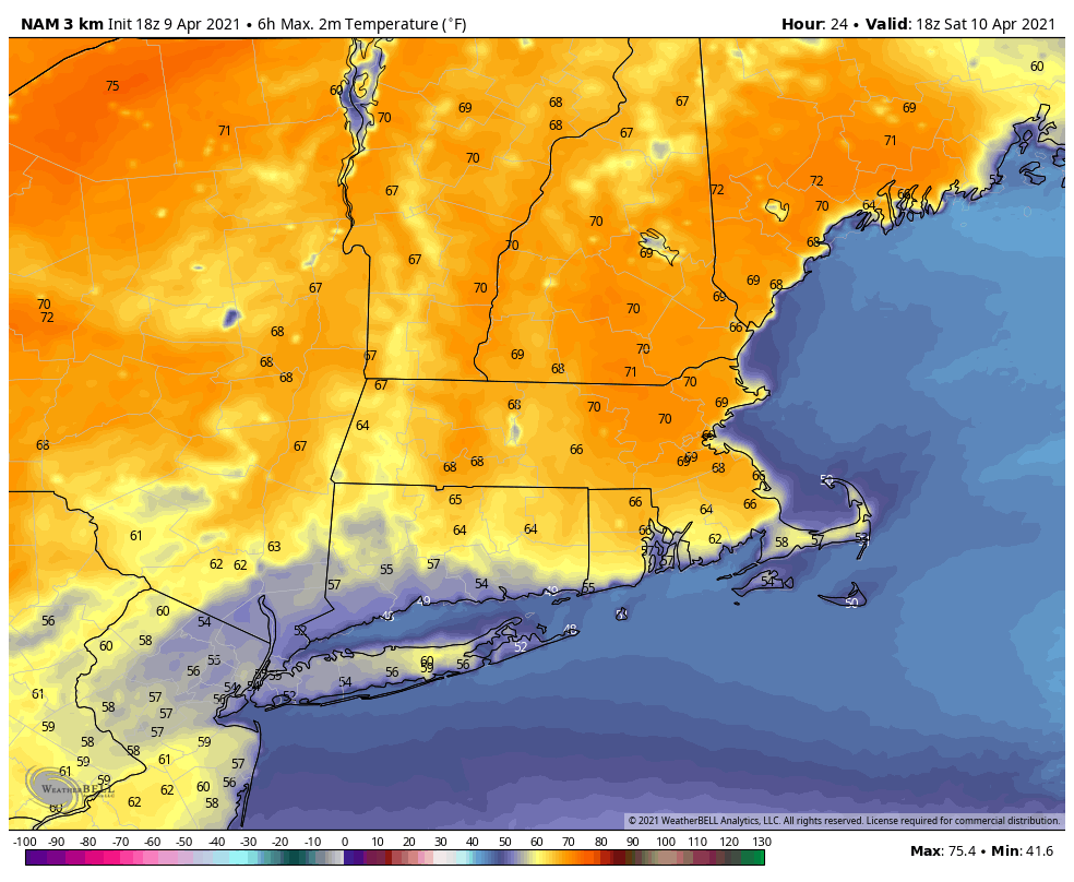 Many areas of New England will be near 70 degrees Saturday afternoon.