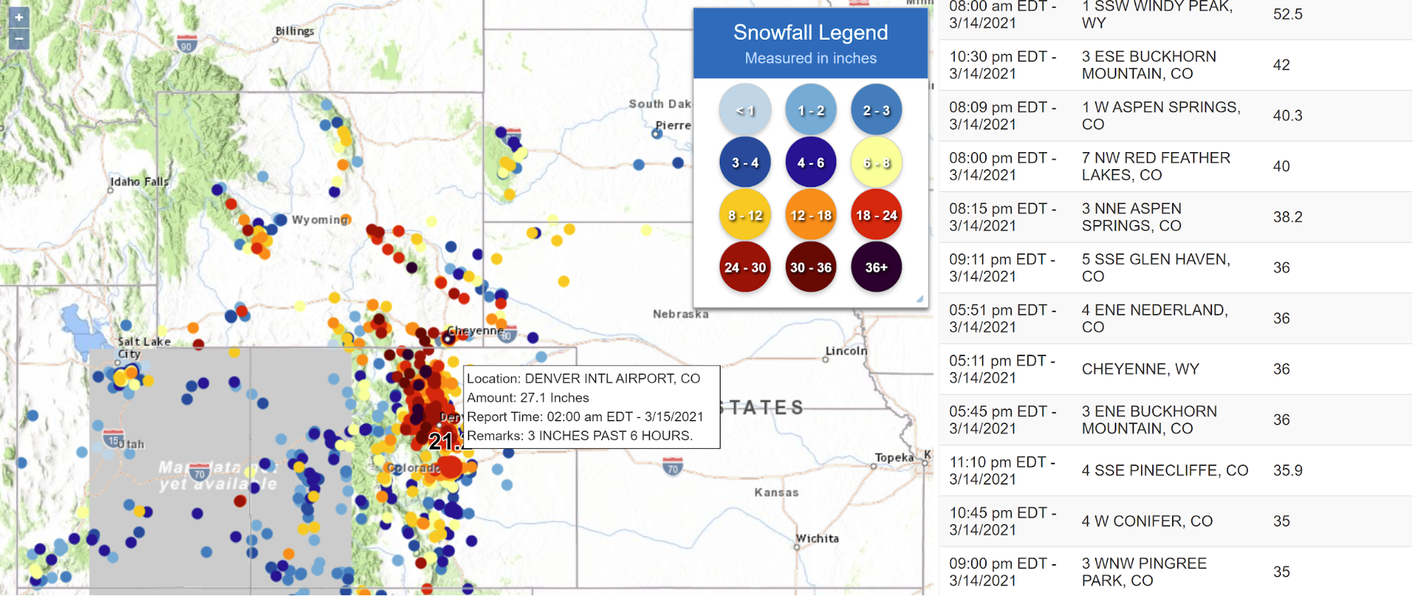 Very high snowfall totals can be seen across Colorado early Monday.