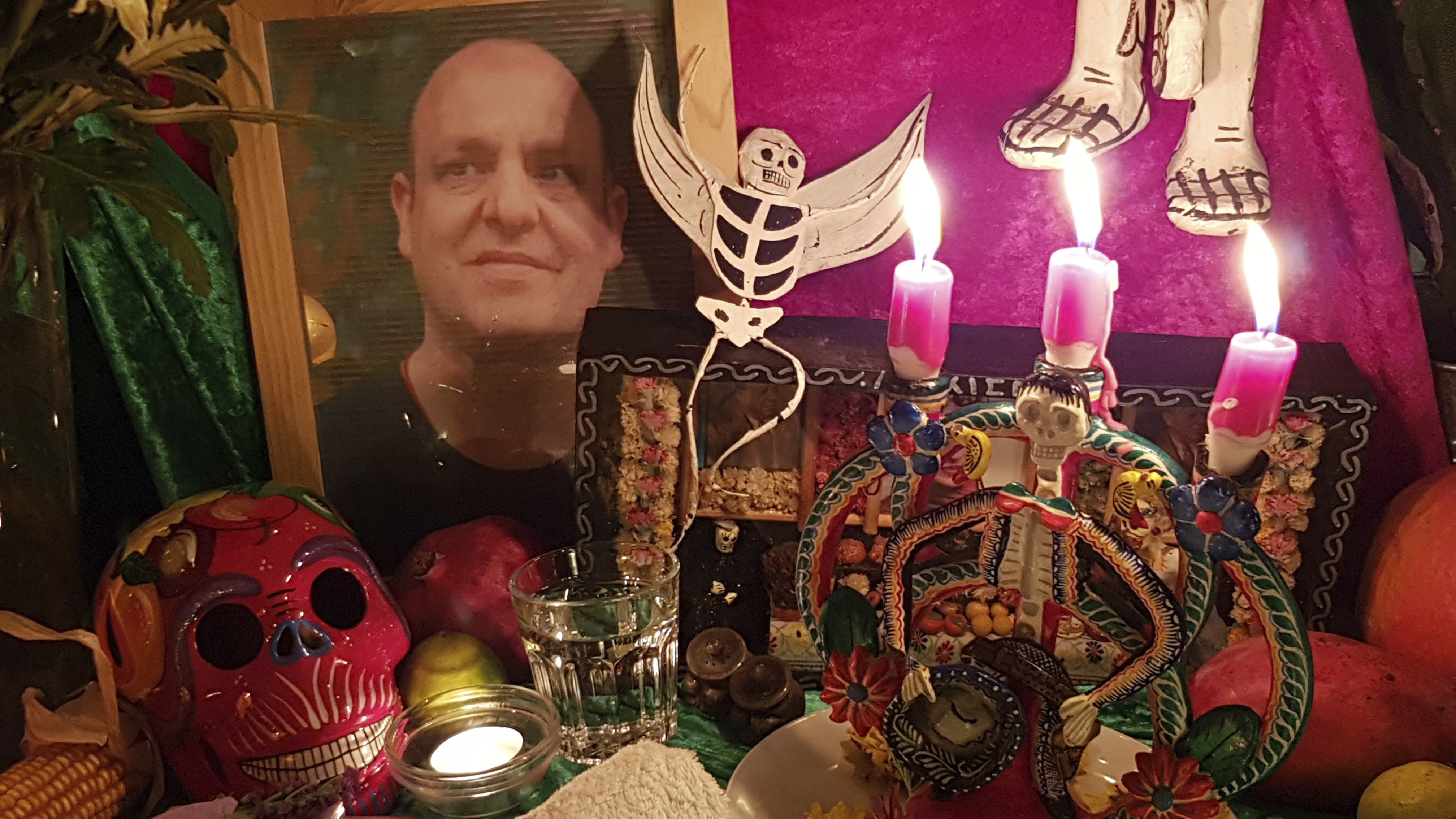 An altar made by mortician and Death Café host Angela Craig-Fournes in honor of Death Café founder Jon Underwood, who died in 2017. ANGELA CRAIG-FOURNES
