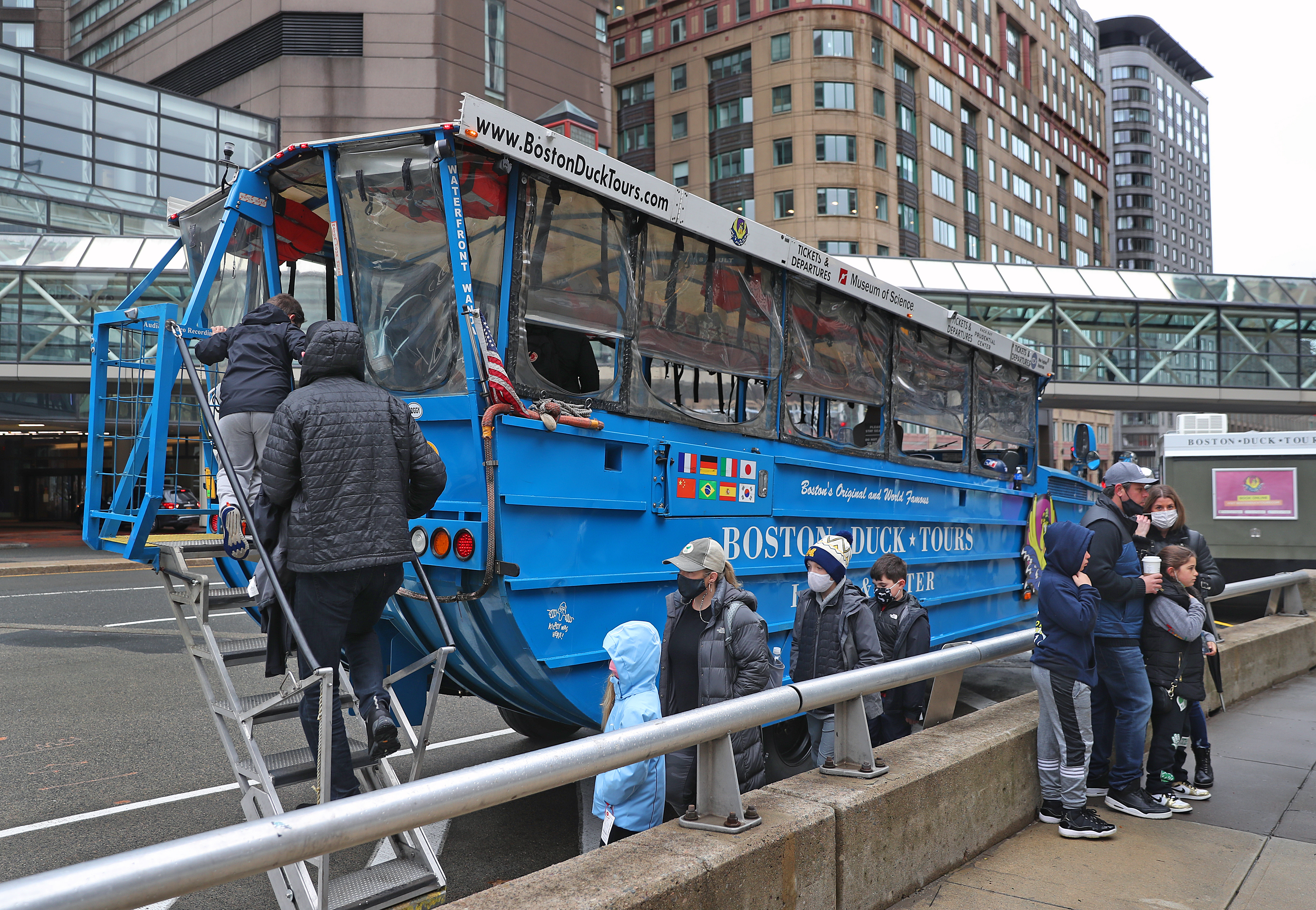 Tourists boarded the Duck Boat near the Prudential Center on April 1, 2021.