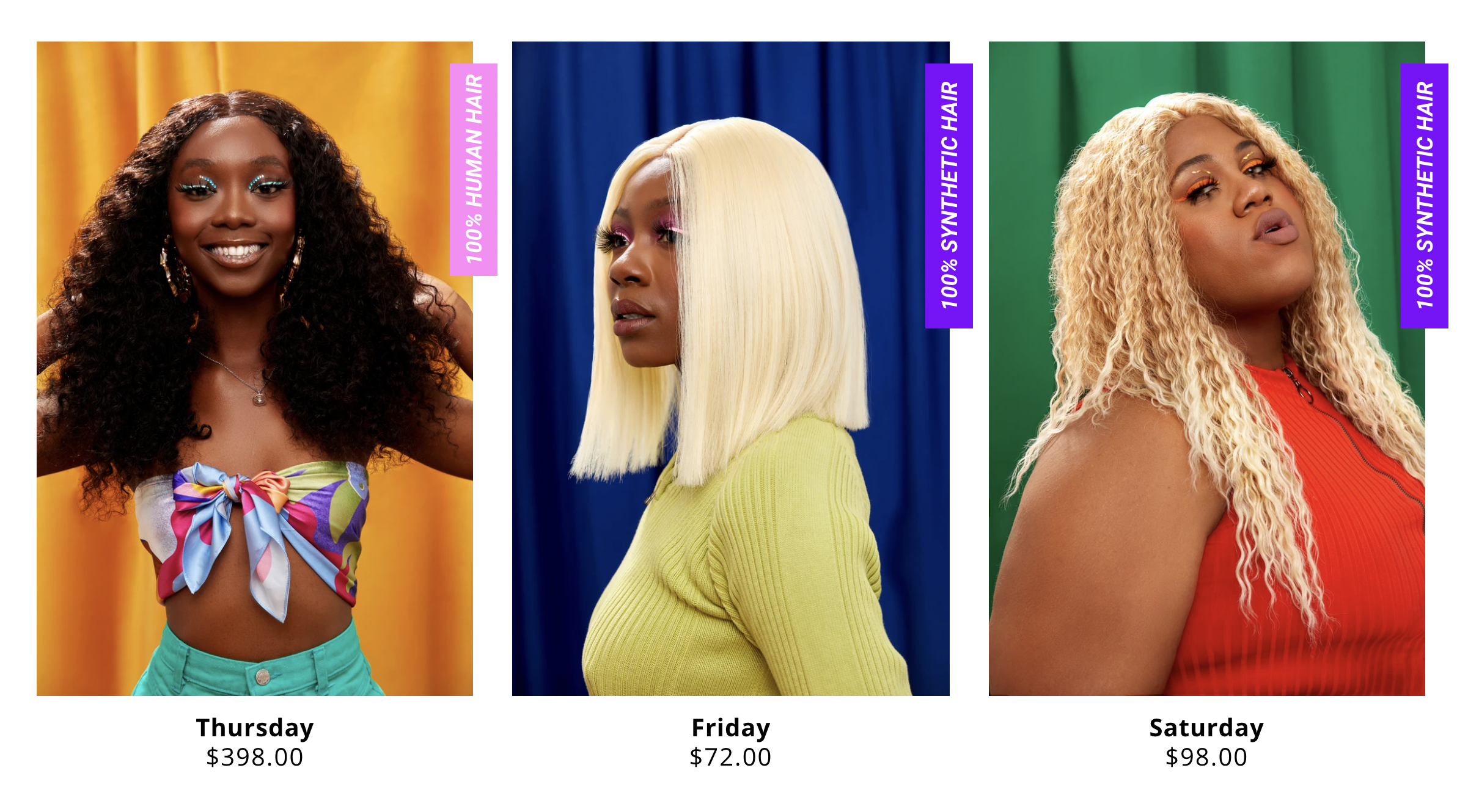 A photo of Waeve's online store, showing three different hair styles.