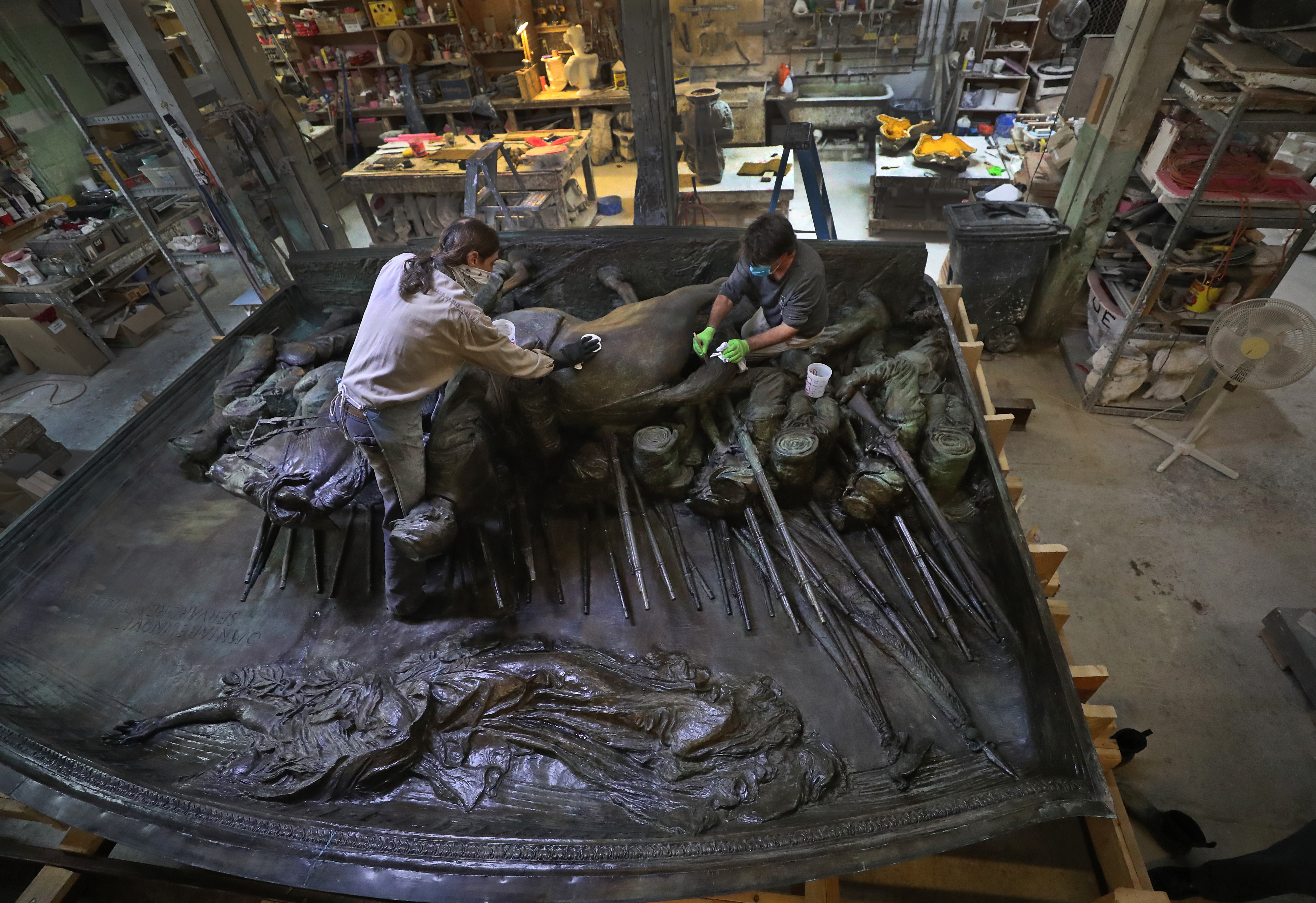 The Robert Gould Shaw and the 54th Regiment Memorial by Augustus Saint-Gaudens, the first civic monument to pay homage to the heroism of African-American soldiers, is now at Skylight Studios in Woburn for restoration.