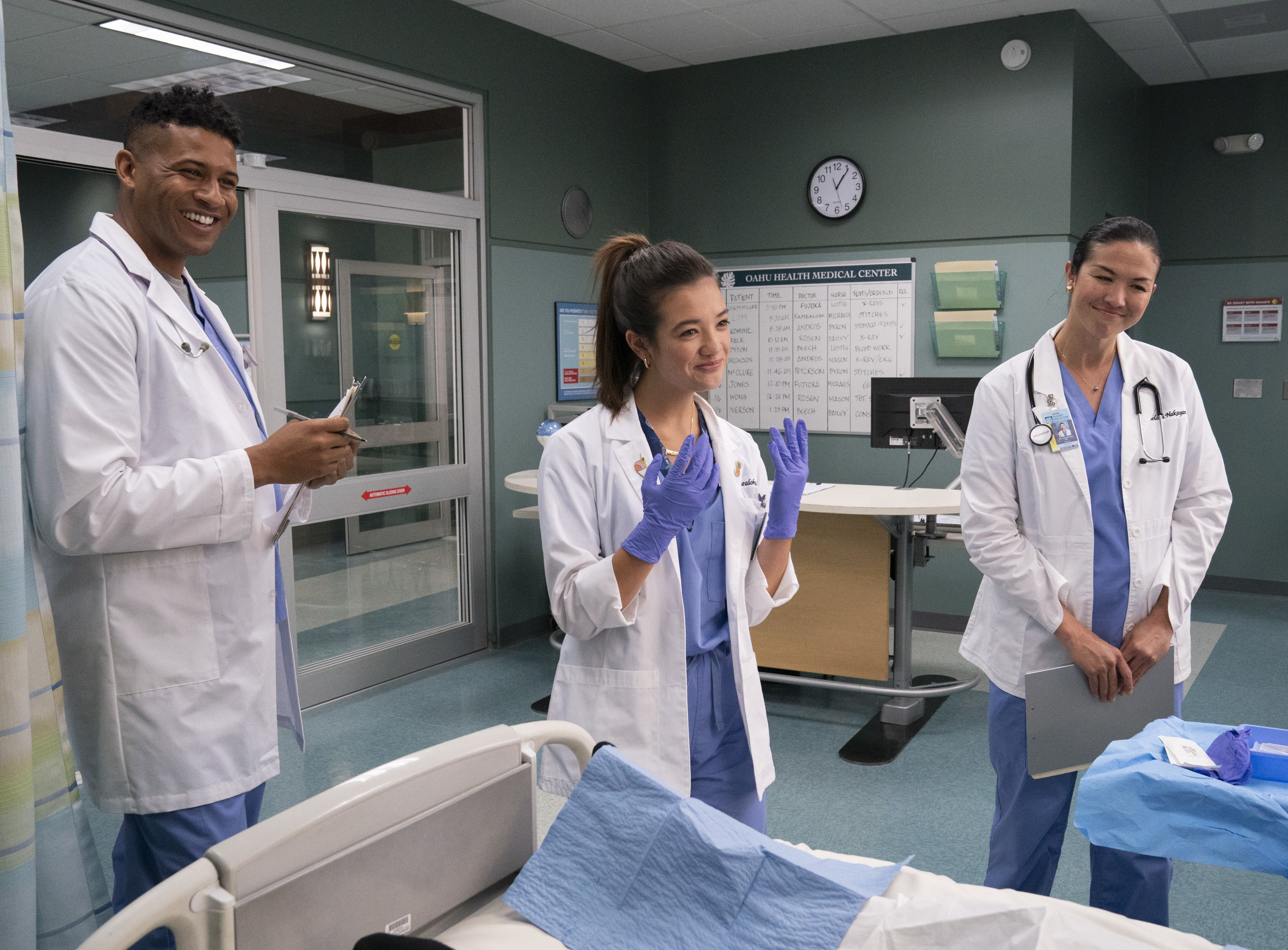 From left: Jeffrey Bowyer-Chapman, Peyton Elizabeth Lee, and Mapuana Makia in the Disney+ series "Doogie Kamealoha, M.D."