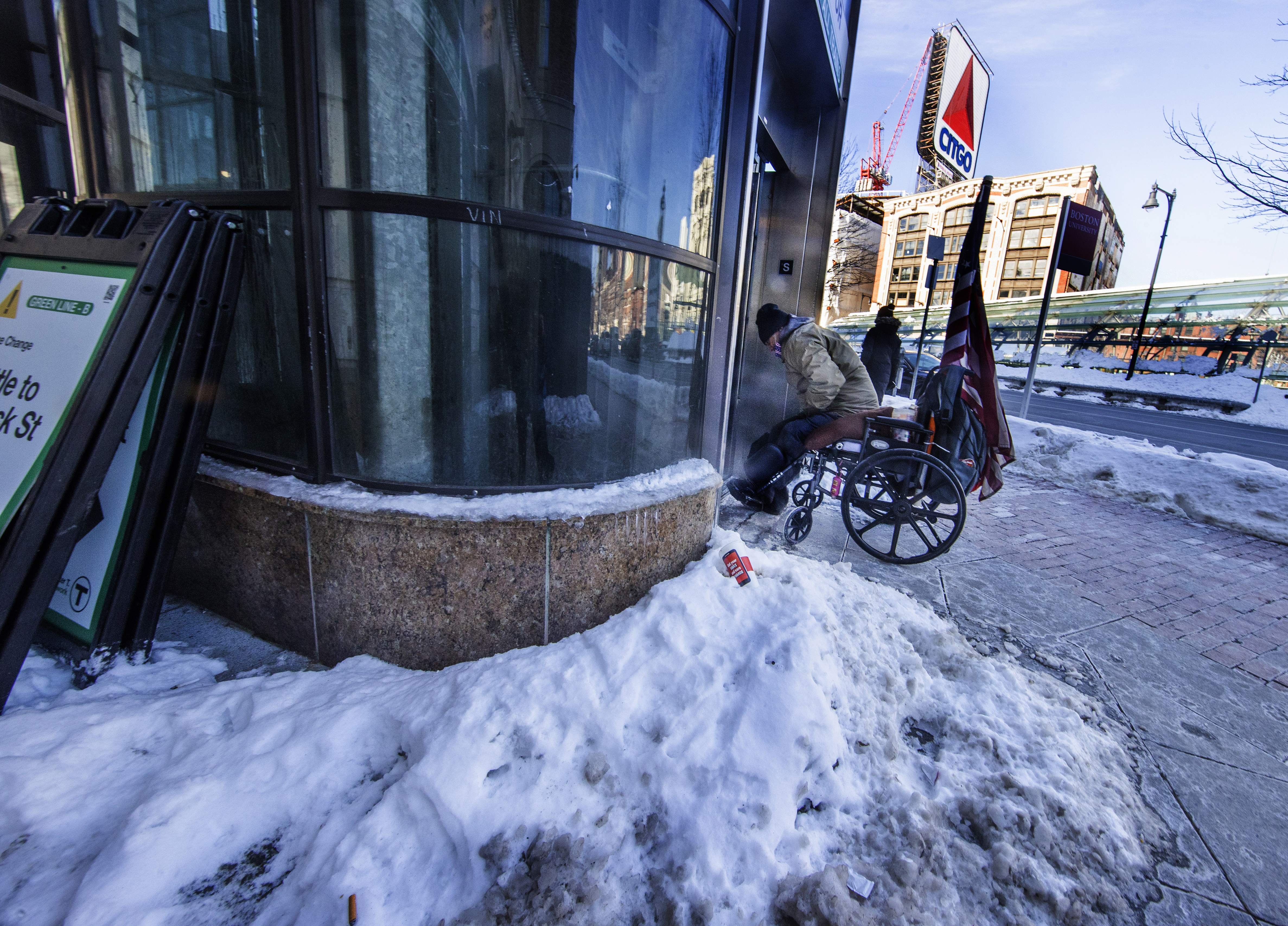 Lefty waited for the Kenmore Square MBTA elevator to take him down to where he can charge his phone after electricity was cut off at the now-closed Eastern Standard. restaurant's patio.