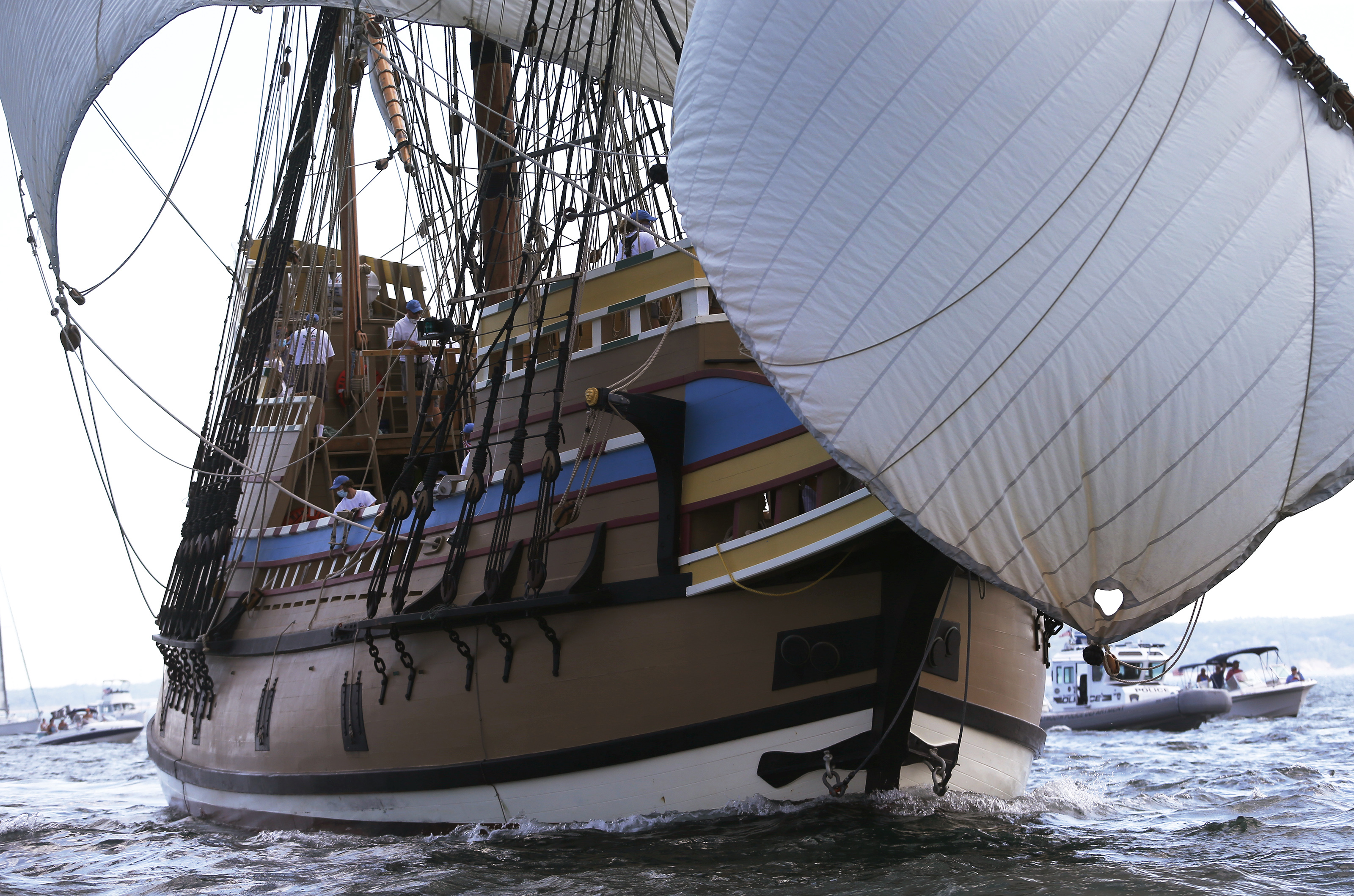 The Mayflower II (top) returning to Plymouth in August after a three-year restoration project.