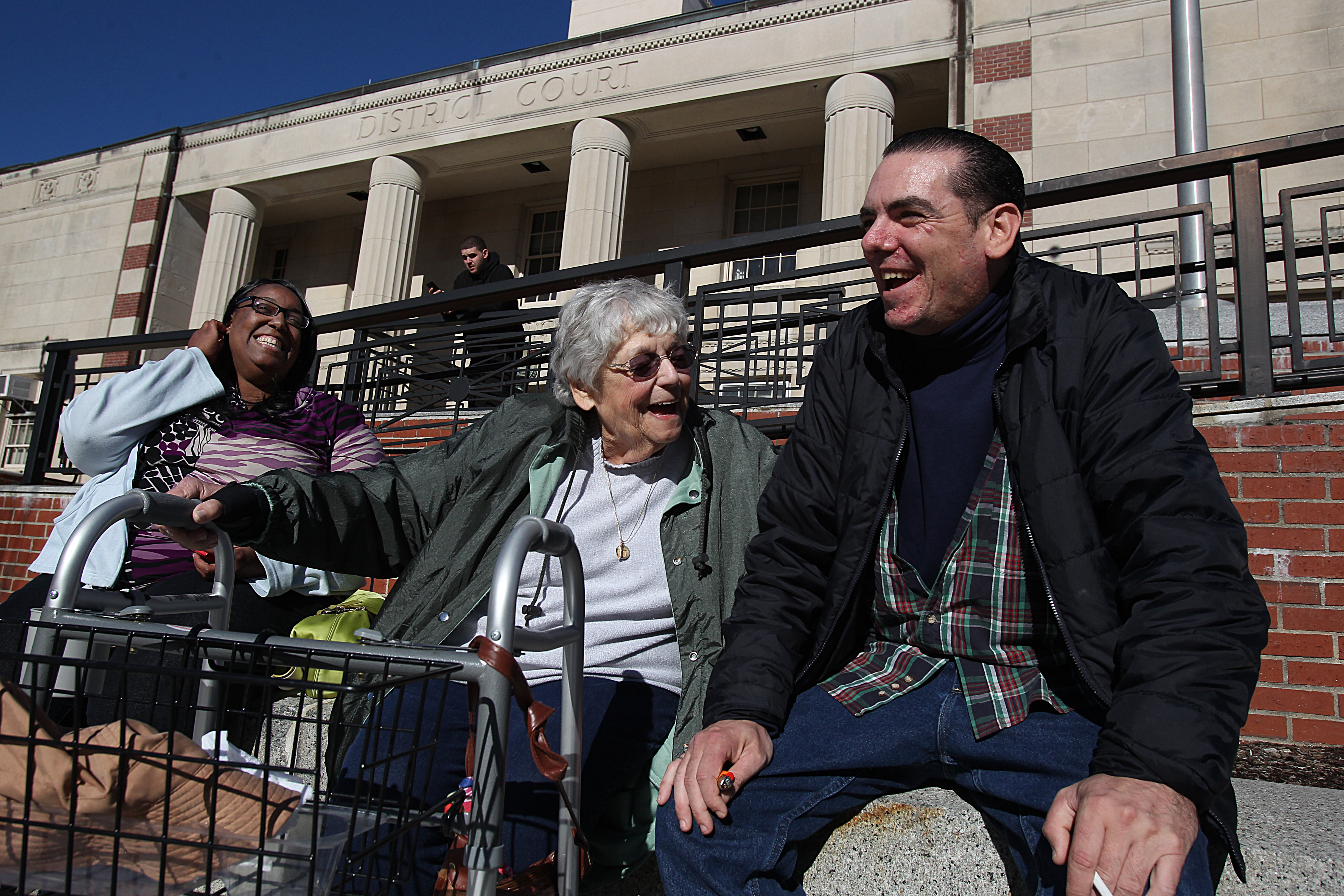 Mike relaxed in the sun with his grandmother Bernice and his girlfriend, Renee Johnson, after his release from Worcester.