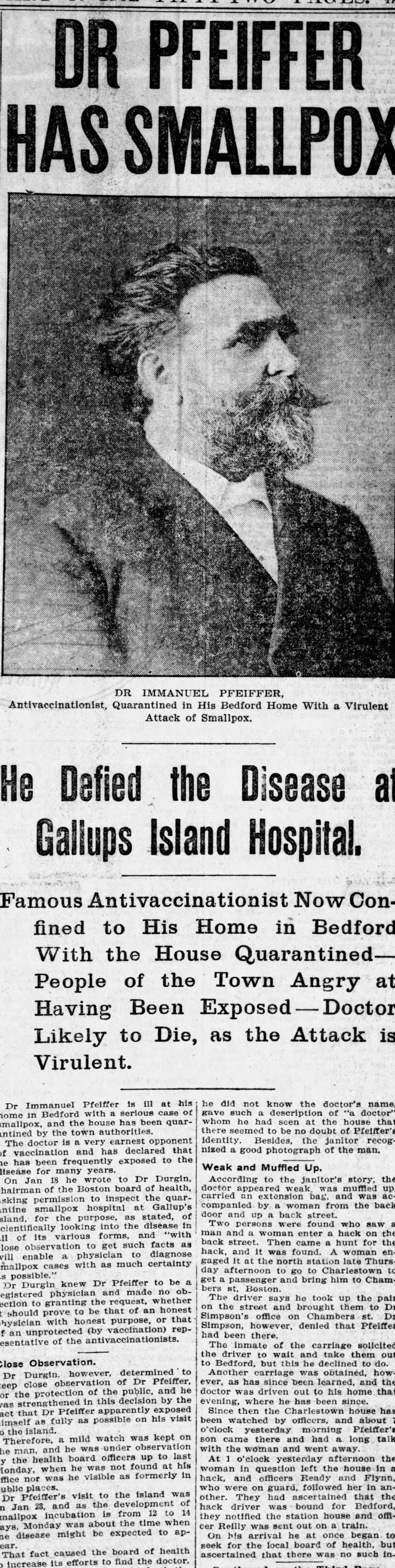The news of Pfeiffer catching smallpox breaks. The image of this news clipping is public domain.