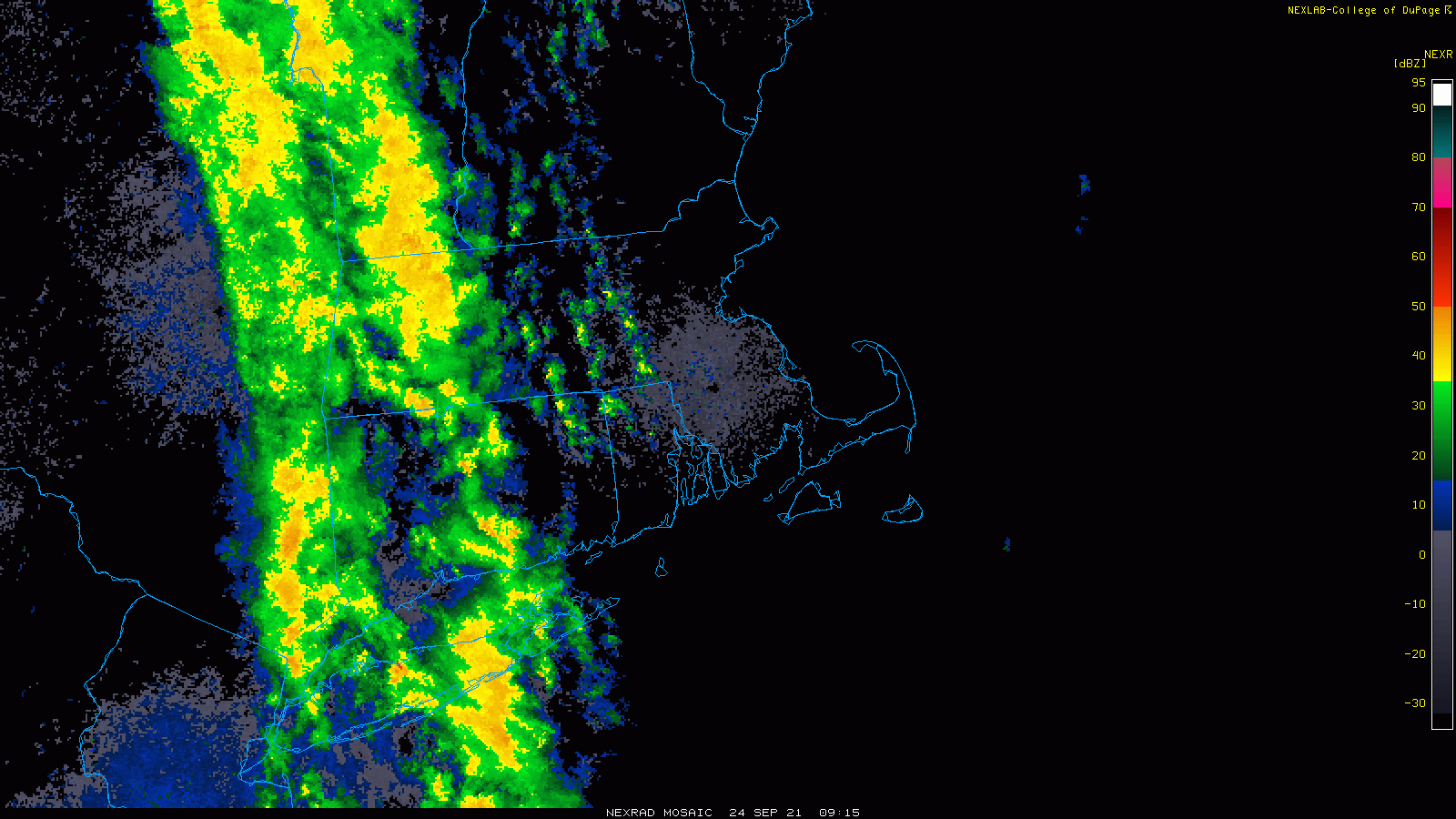 A concentrated line of showers across western New England moves east during today.