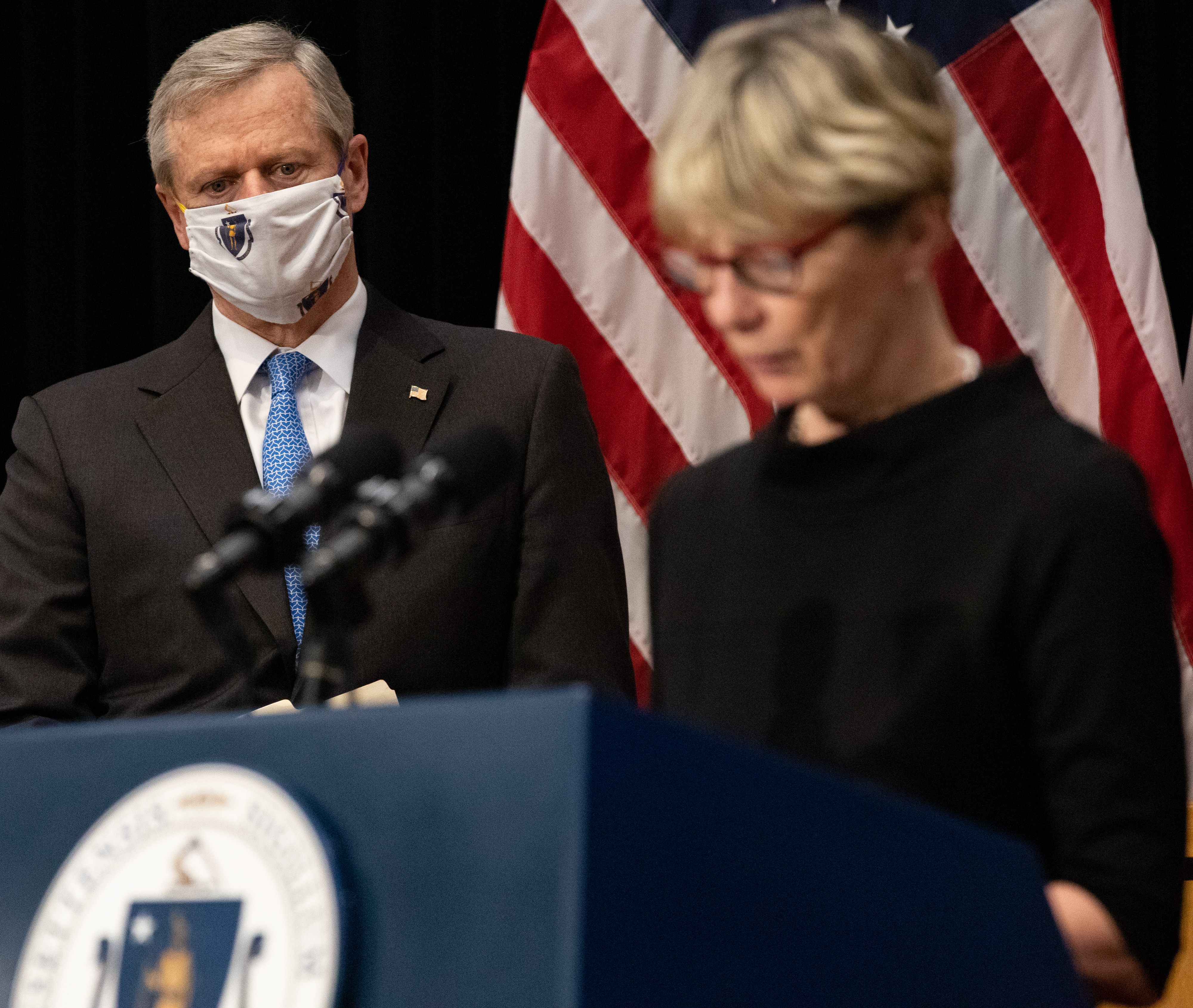 Health and Human Services Secretary Marylou Sudders spoke at a State House press conference about the state's COVID-19 vaccination plans this week.