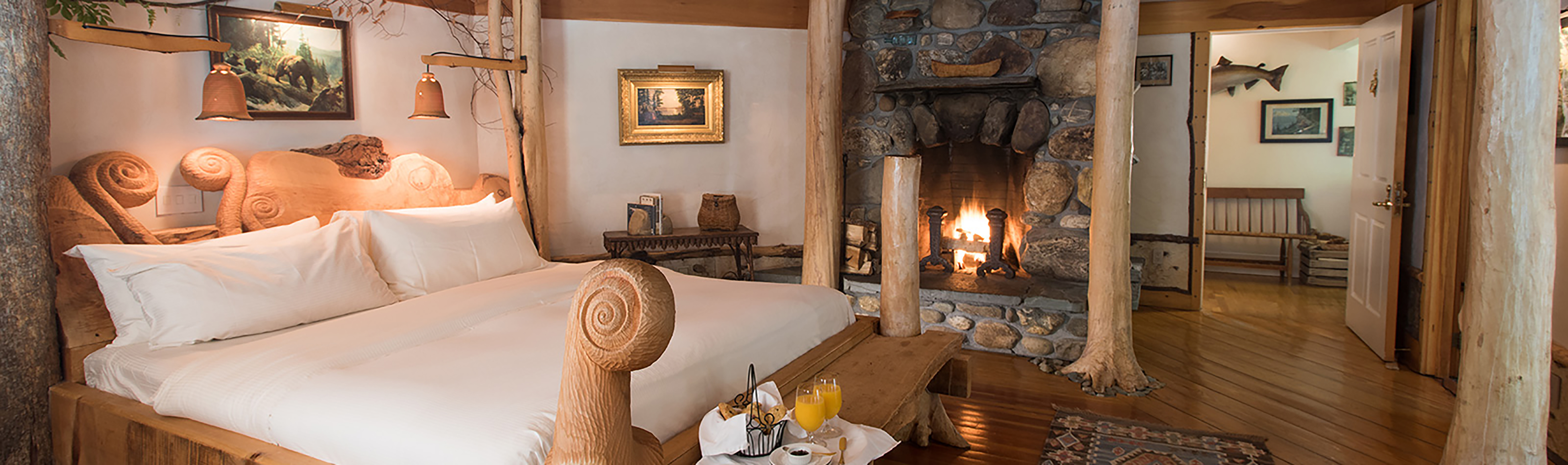 The Pitcher Inn in Vermont has working fireplaces in each of its uniquely themed rooms, like this one in the Trout Room.