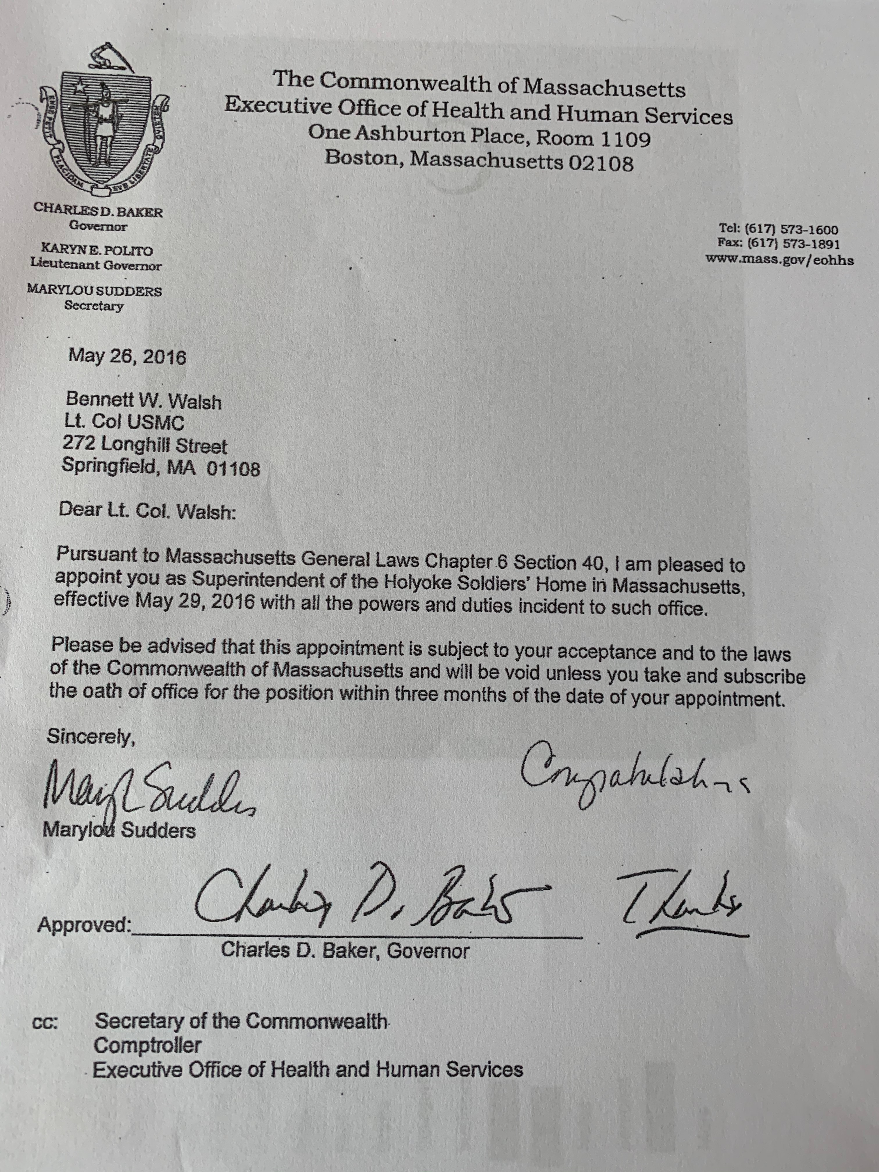 The formal letter of appointment sent to Bennett Walsh from Health and Human Services Secretary Mary Lou Sudders.