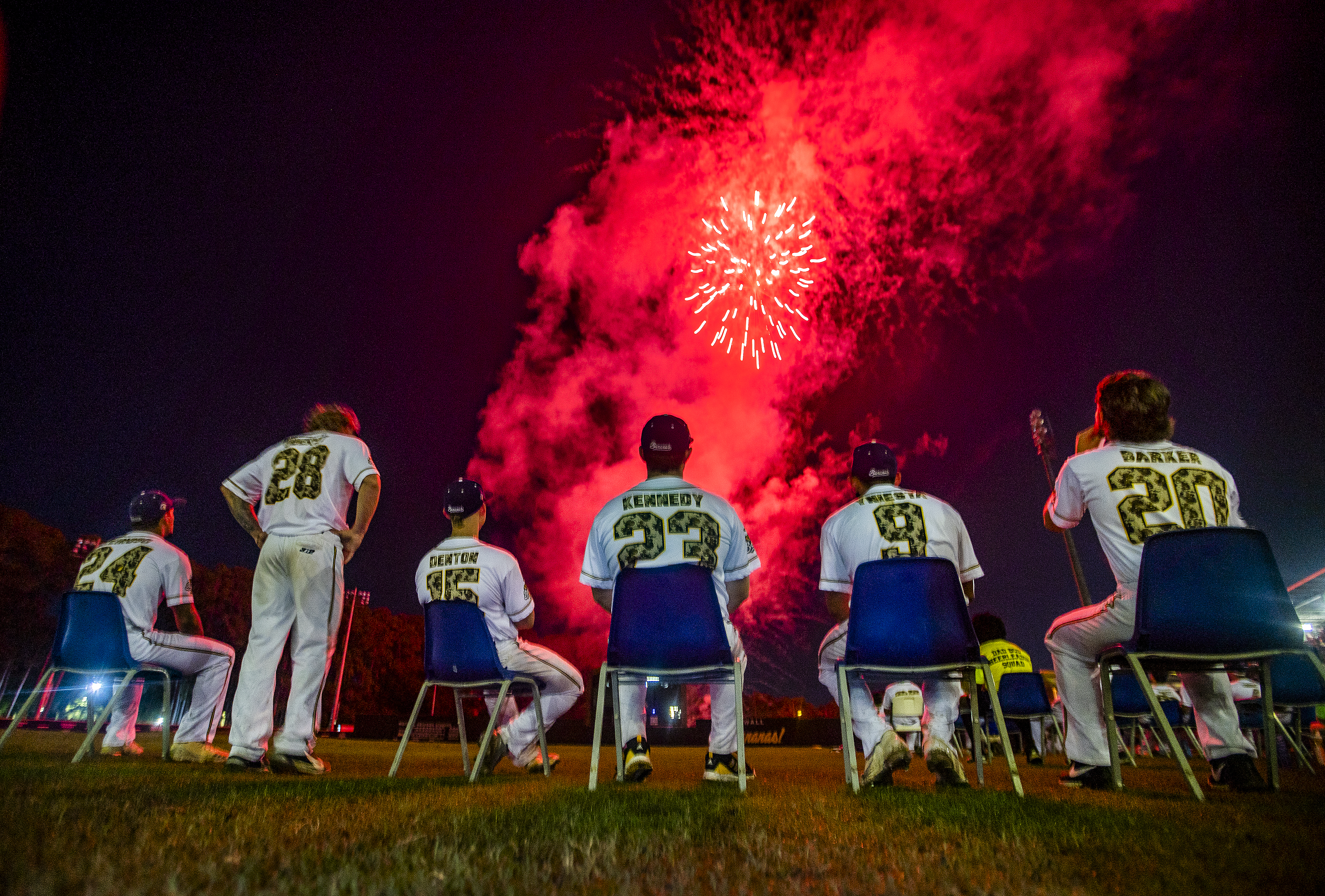 The Savannah Bananas watched the fireworks display after they beat Catawba 3-2.