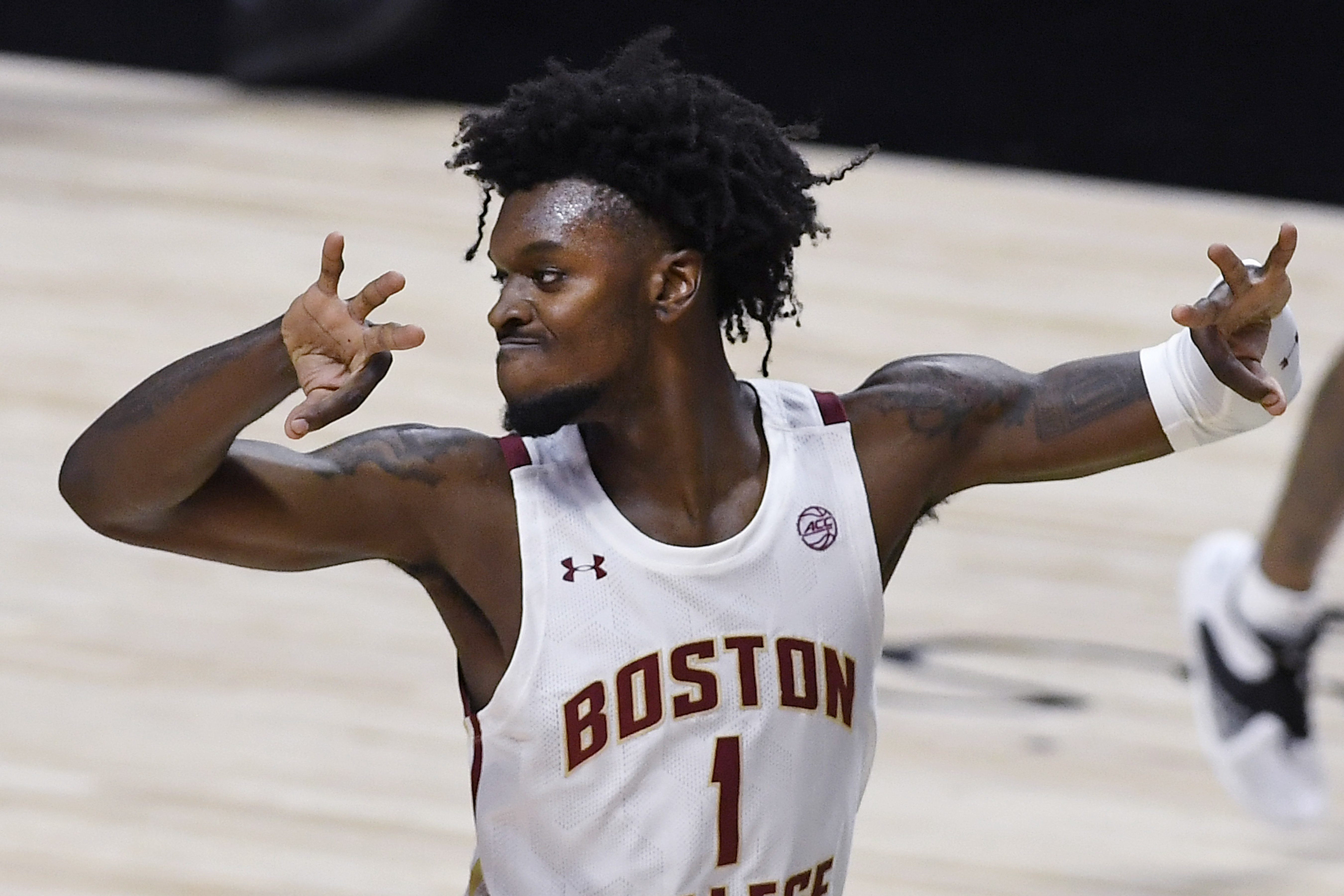 BC's CJ Felder gestures after a three-pointer in the first half of Monday's game.