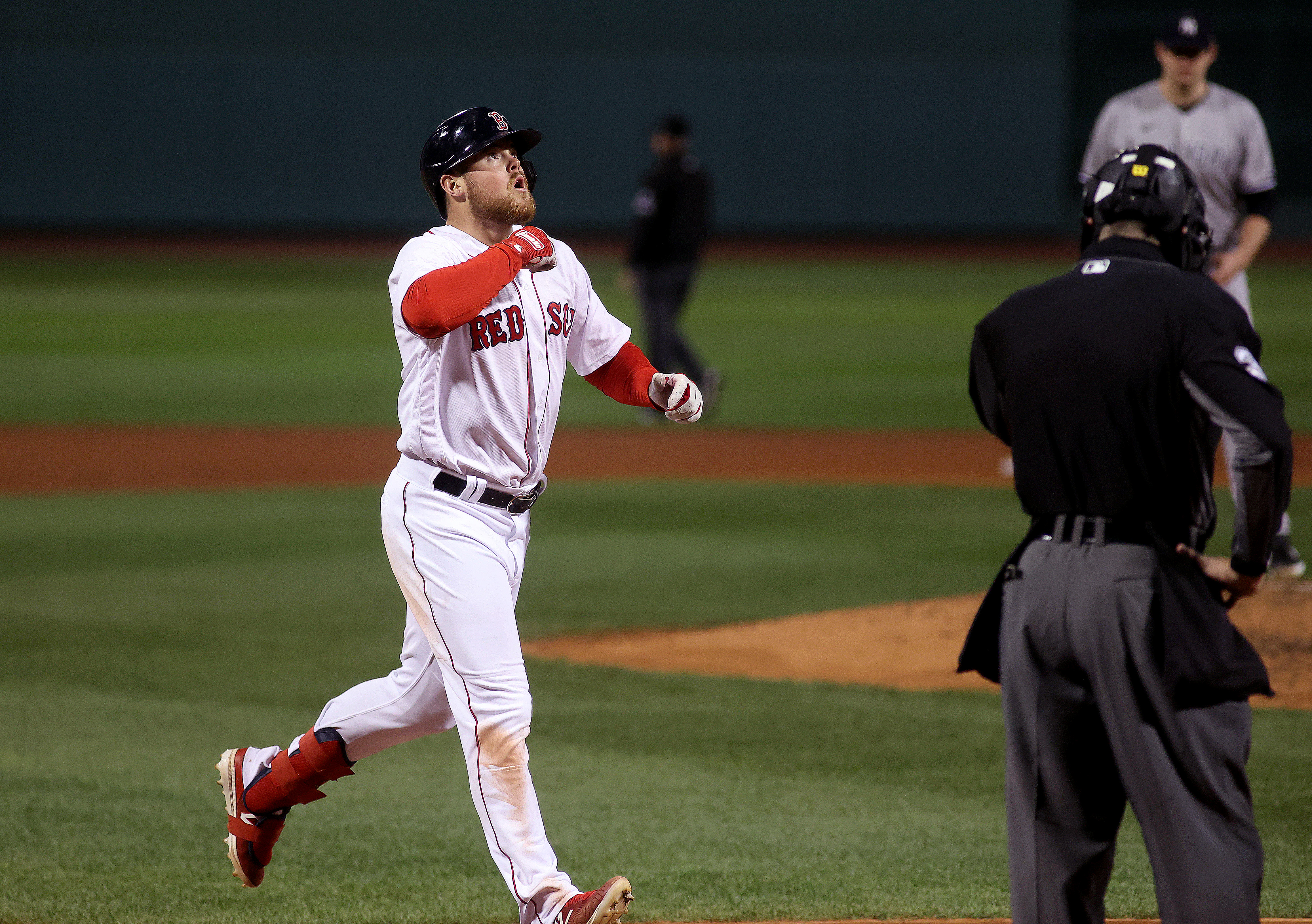 Christian Arroyo looks skywards after a three-run homer against the Yankees this past season.