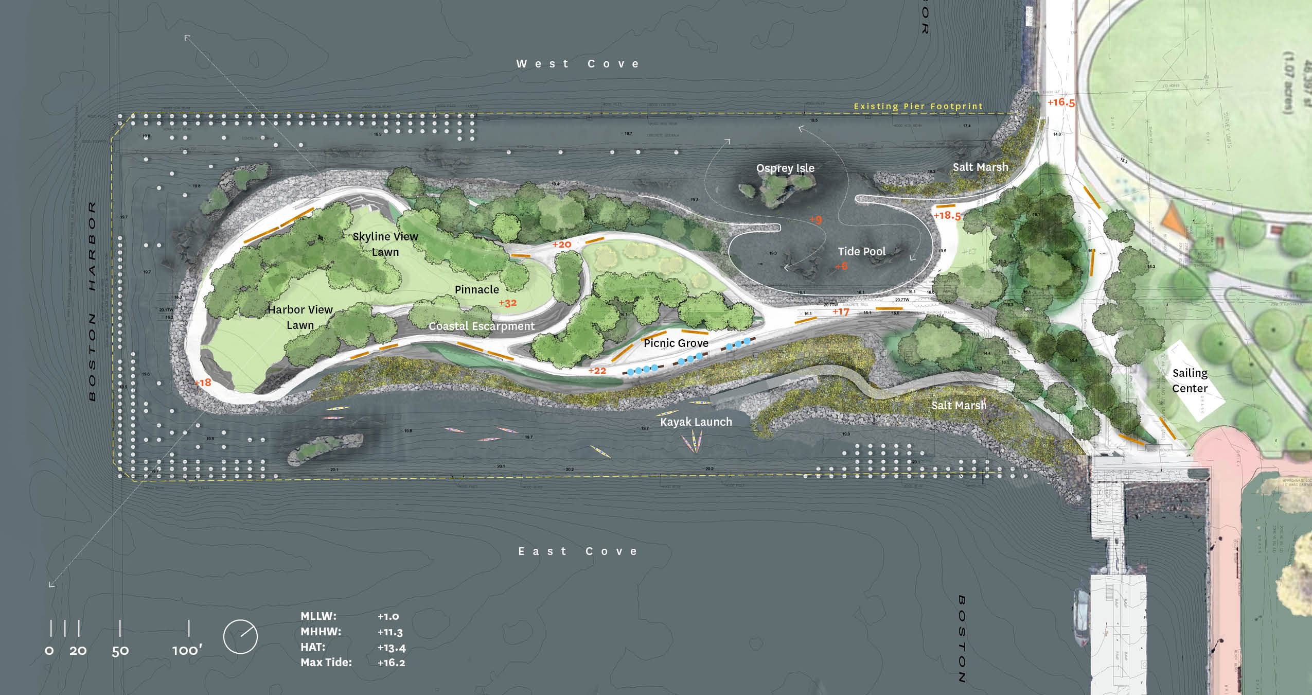 Rendering designed by Michael Van Valkenburgh Associates Inc. and the
Trustees of Reservations using input from the community, this first look at Piers Park III will evolve as community
engagement continues and additional public input is incorporated.