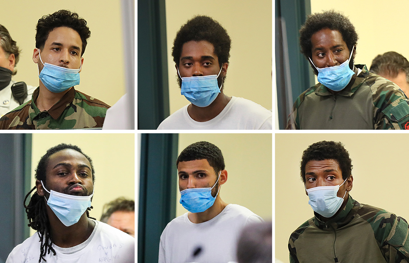 Among the seven arraigned Tuesday on charges linked to Saturday's standoff were (clockwise from top) Robert Rodriquez, Jamhal Latimer, Quinn Cumberlander, Conrad Pierre, Wilfredo Hernandez, and Aaron Johnson.