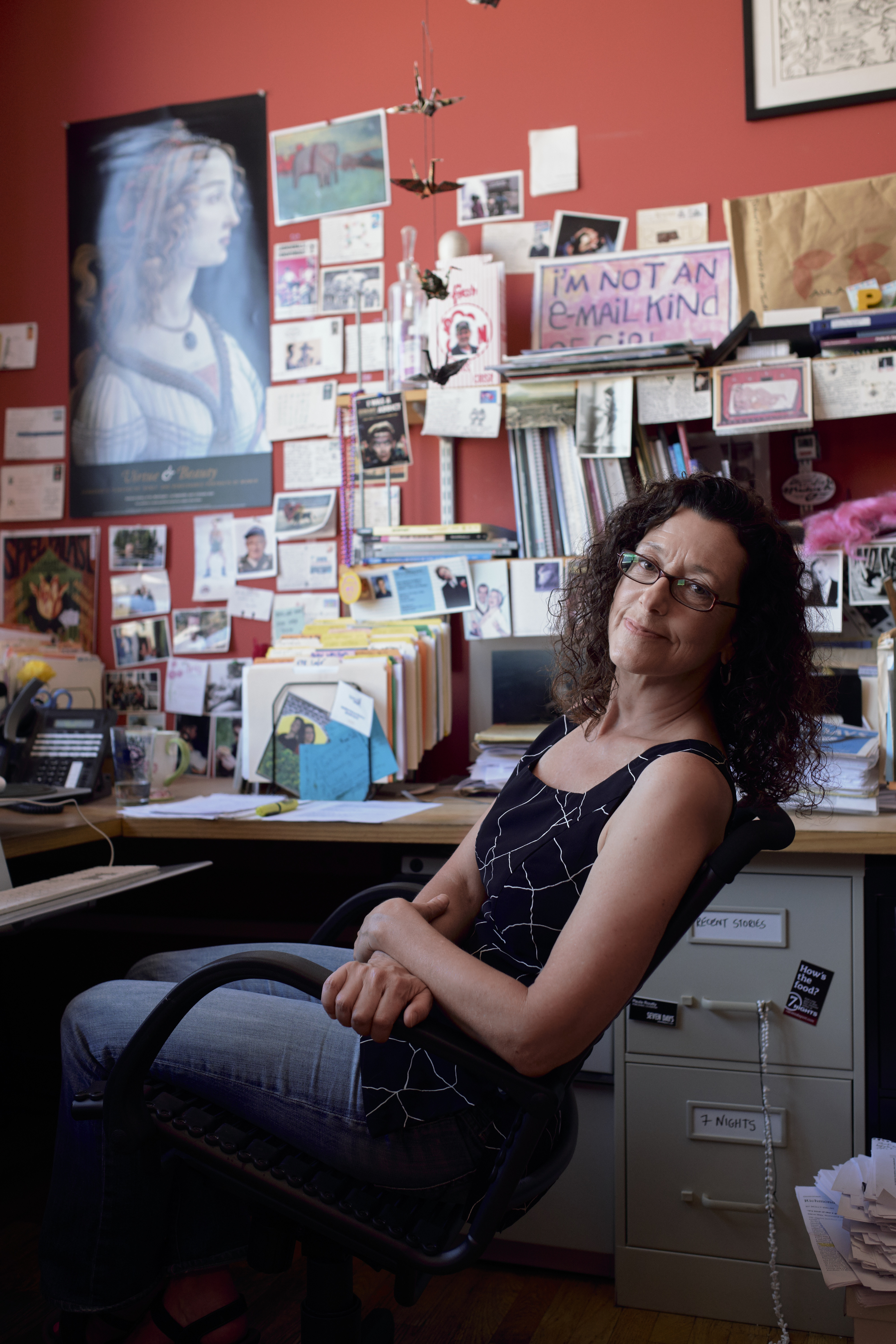 Paula Routly, publisher and cofounder of Vermont's weekly newspaper, Seven Days, at her desk in Burlington in 2016.