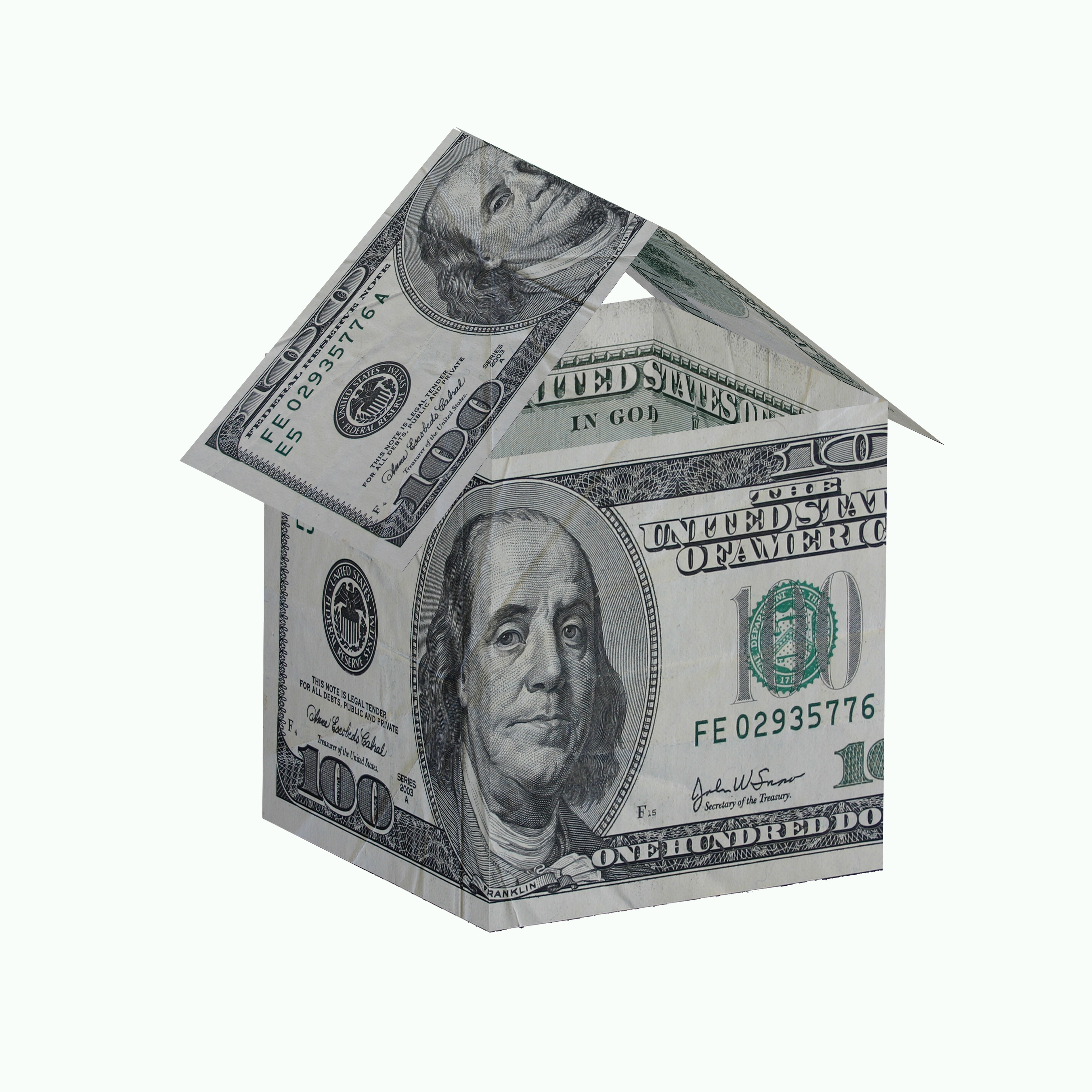 An illustration of a house constructed of dollar bills.