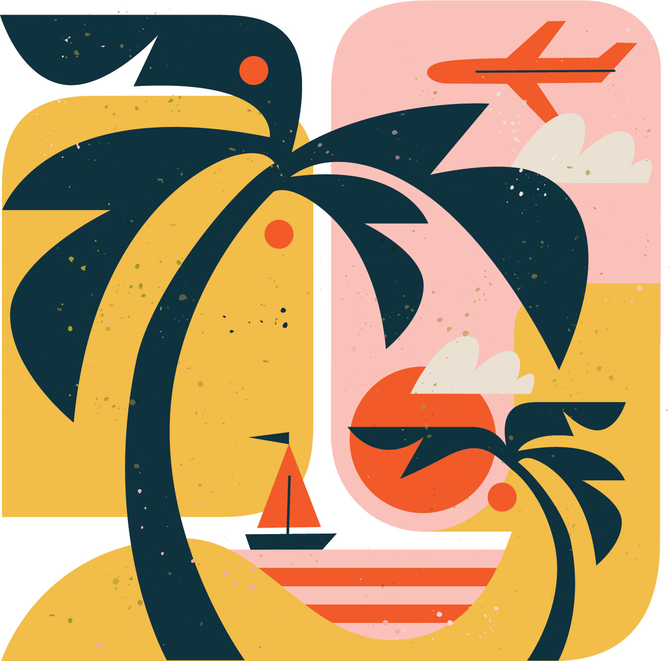 Spot illustration. Image of a sailboat seen from a beach with palm trees.