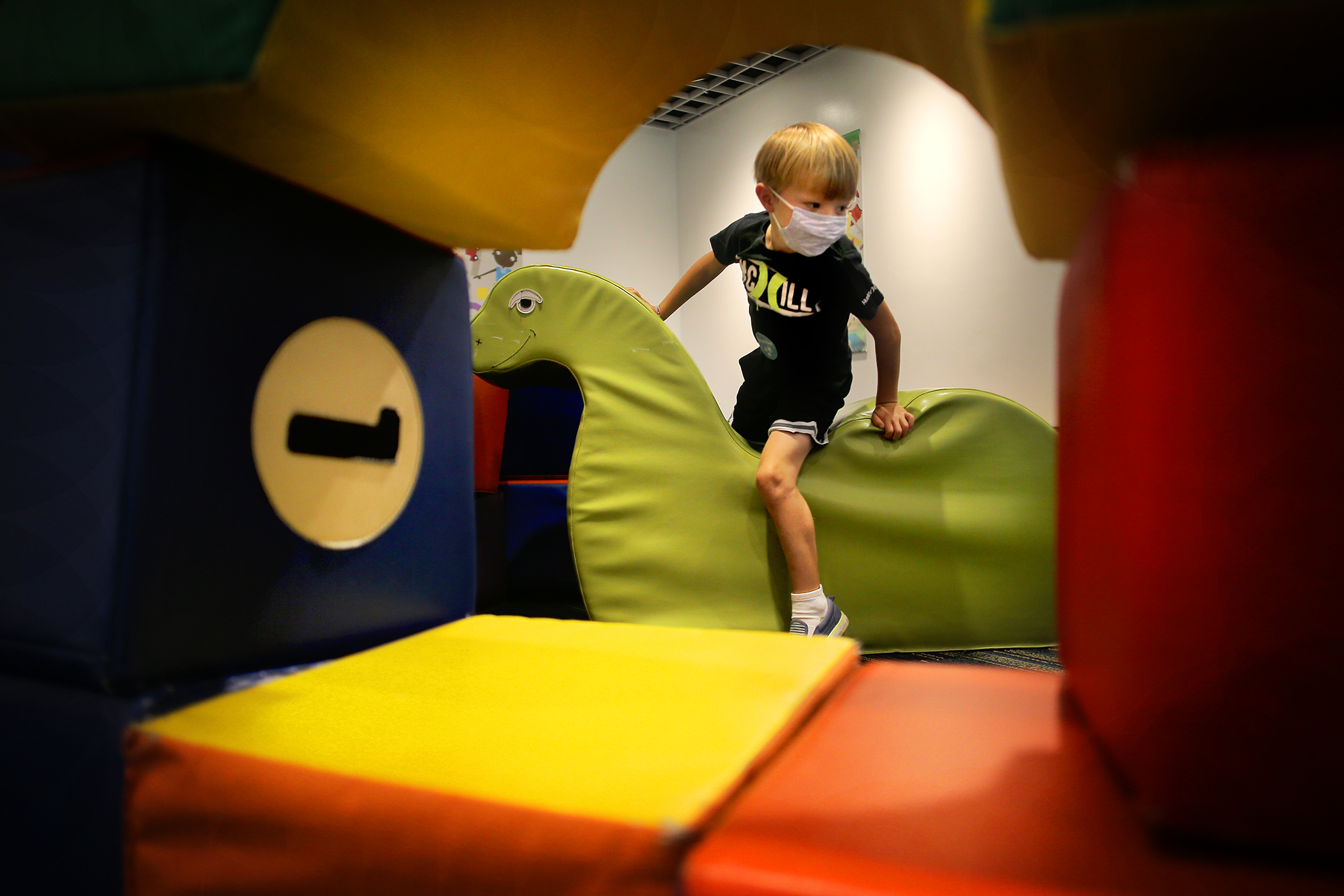 Jonah Webster, 5, played on a foam block fort at the museum.