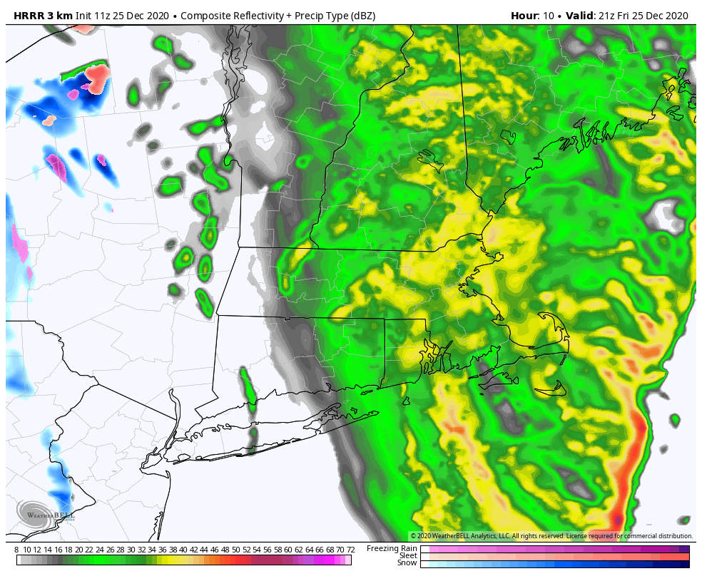 Rainfall will not end until after sunset on Christmas night.