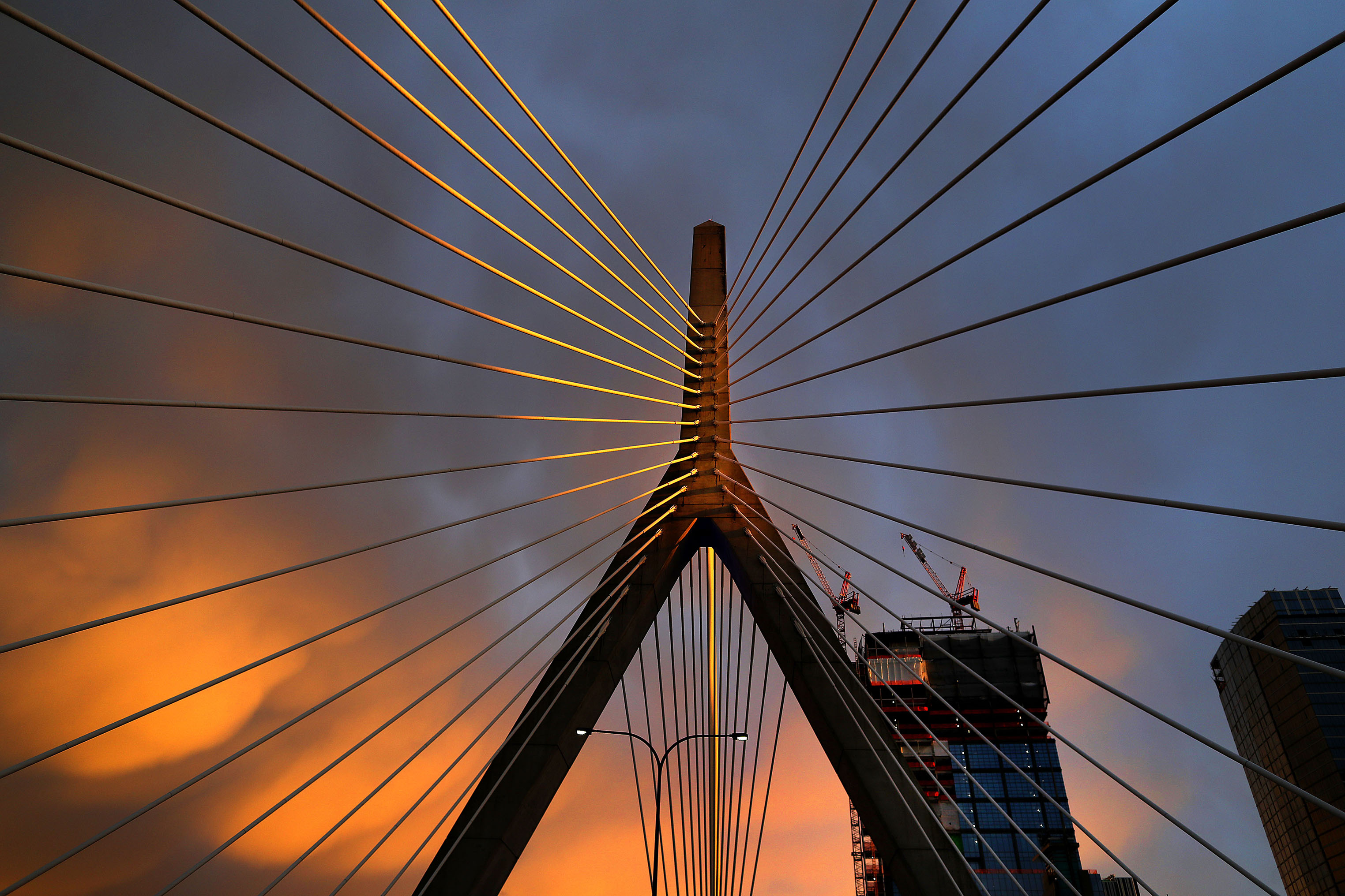 The cables of the Leonard P. Zakim Bunker Hill Memorial Bridge caught part of the setting sunlight over Boston on January 8.