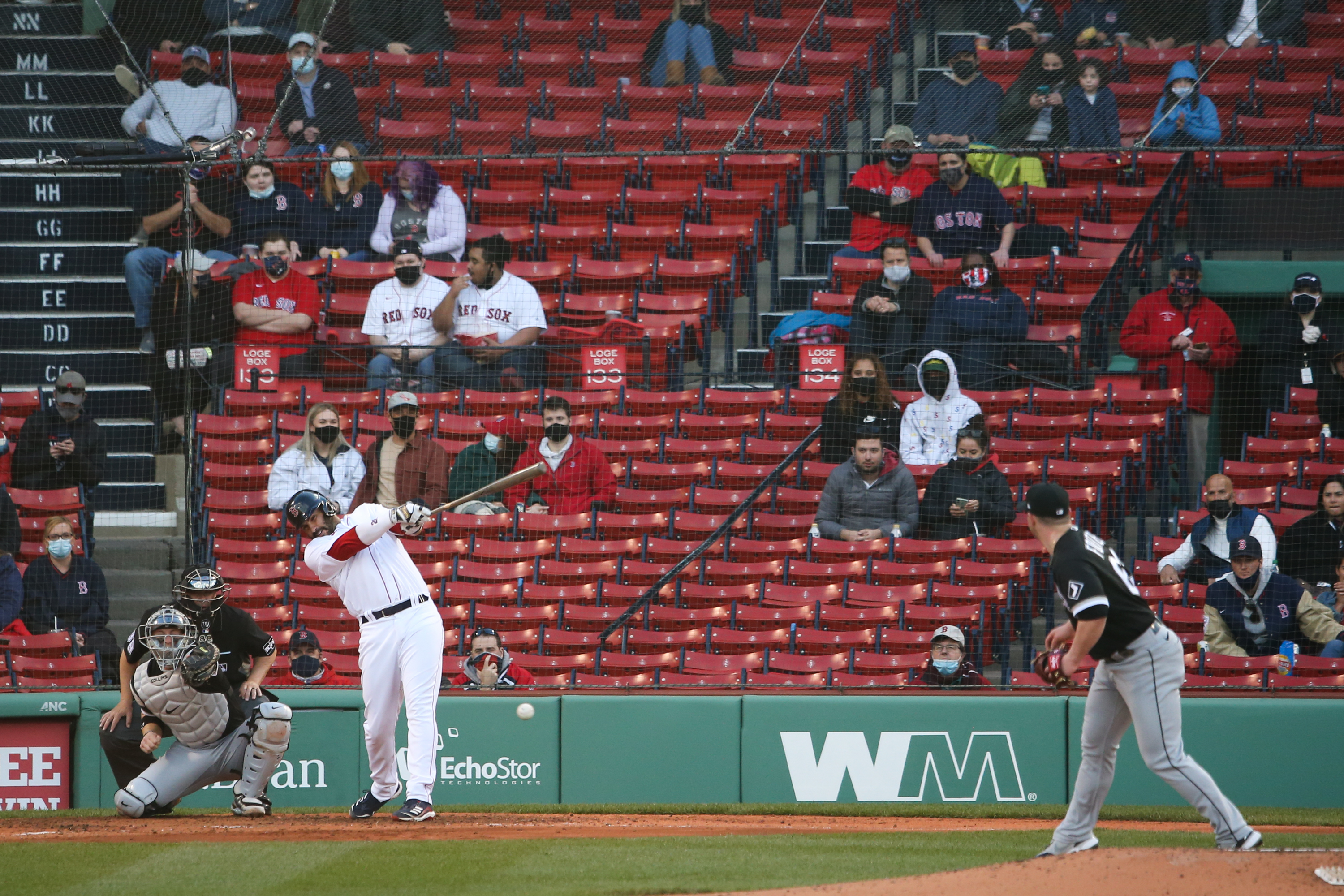 J.D. Martinez connects for a single in the fourth inning of Sunday's Game 2, giving him 18 RBIs this season.