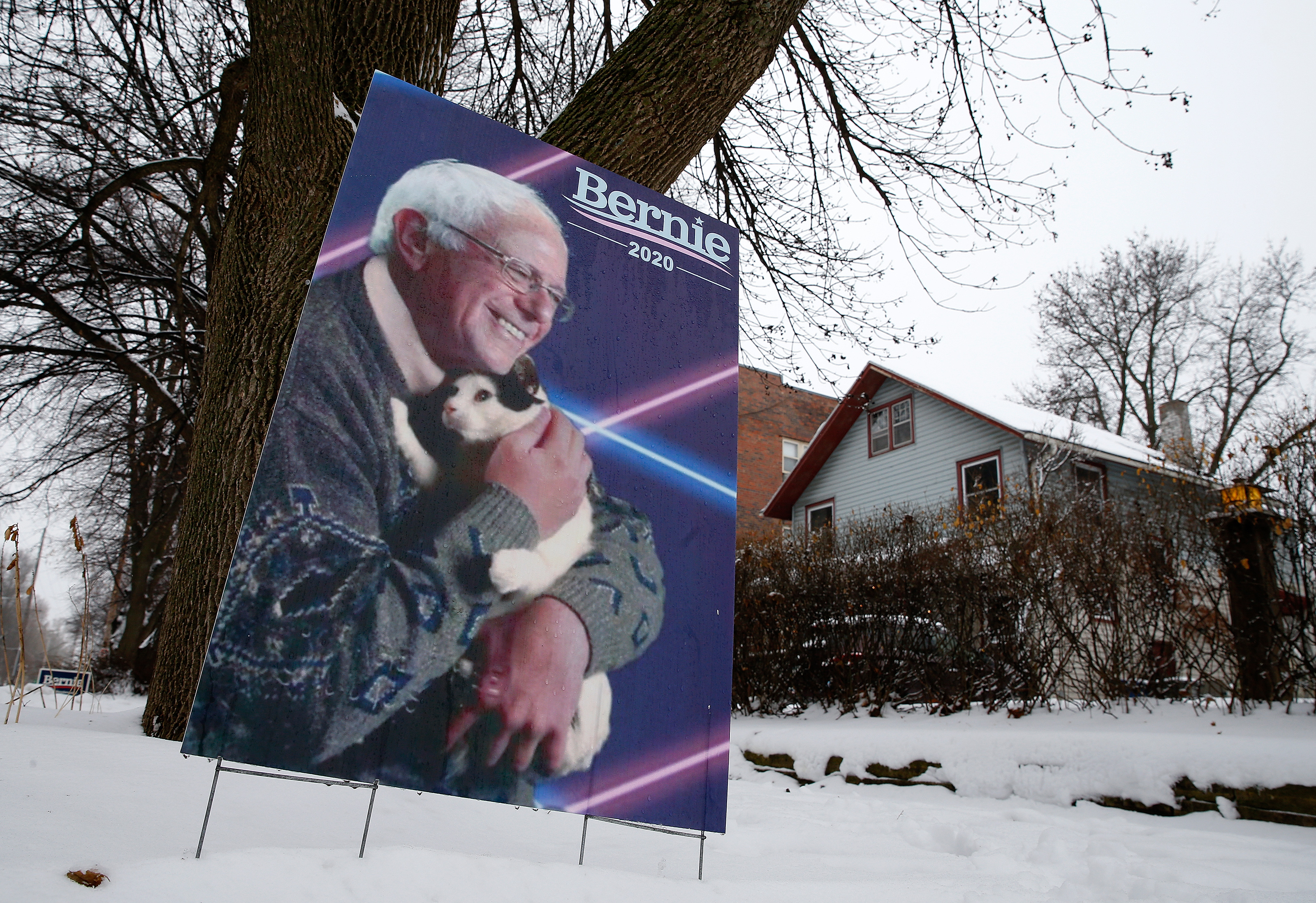 A Bernie Sanders campaign poster was outside a home in Des Moines on January 23.