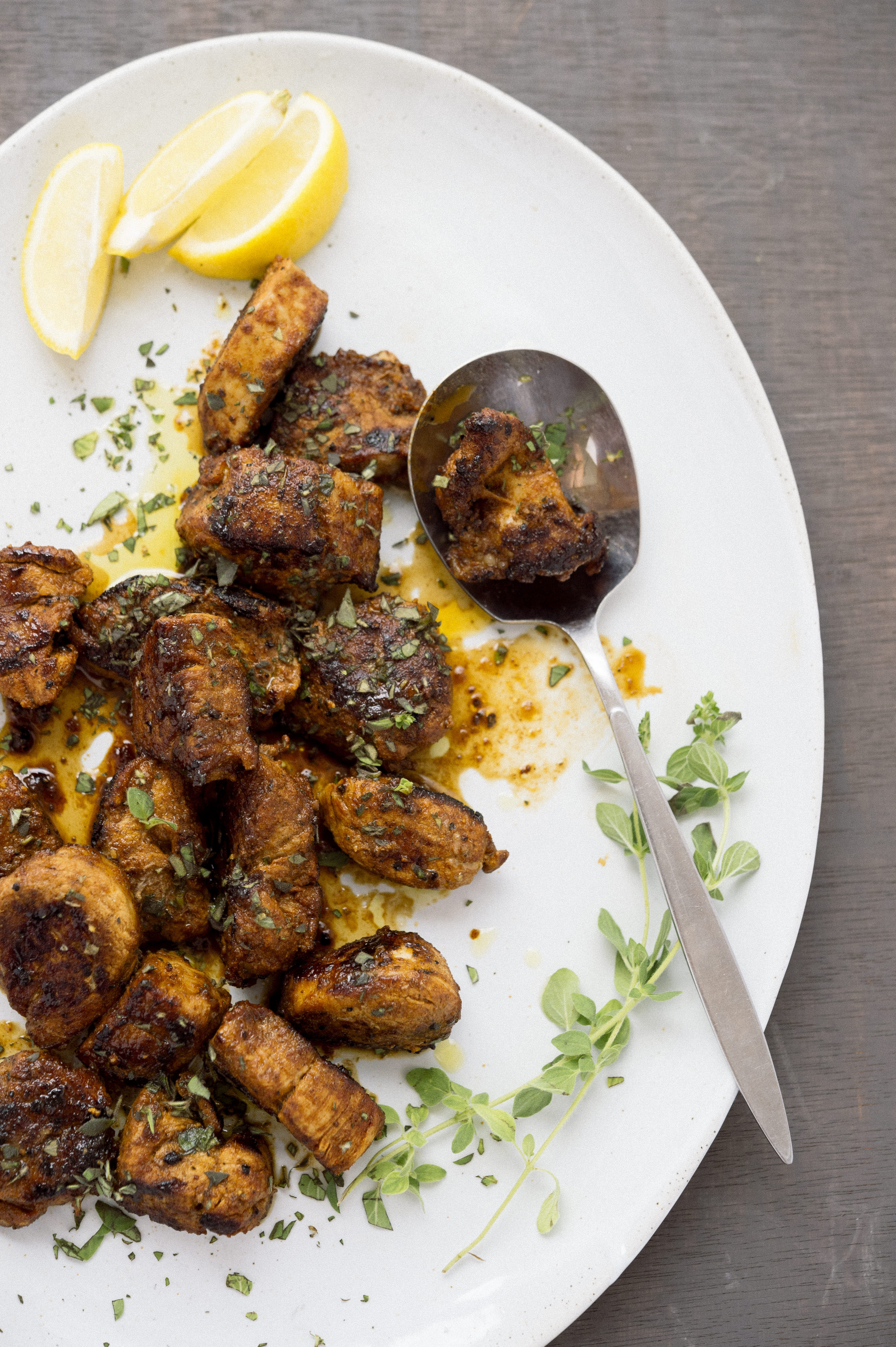 Spanish spice-crusted pork tenderloin bites (pinchos morunos).