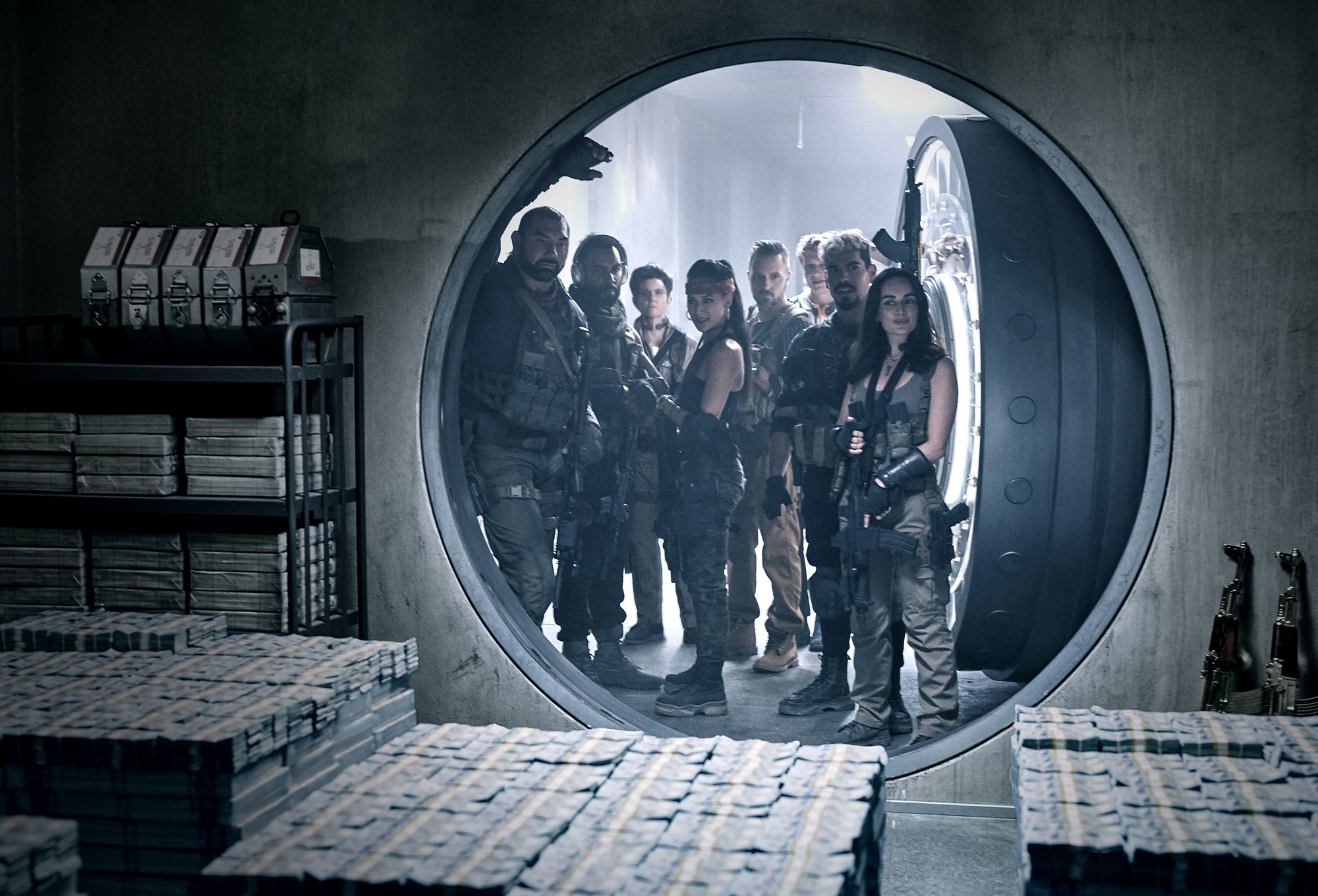From left: Dave Bautista, Omari Hardwick, Tig Notaro, Samantha Win, Colin Jones, Matthias Schweighöfer, Raúl Castillo, and Ana de la Reguera in "Army of the Dead."