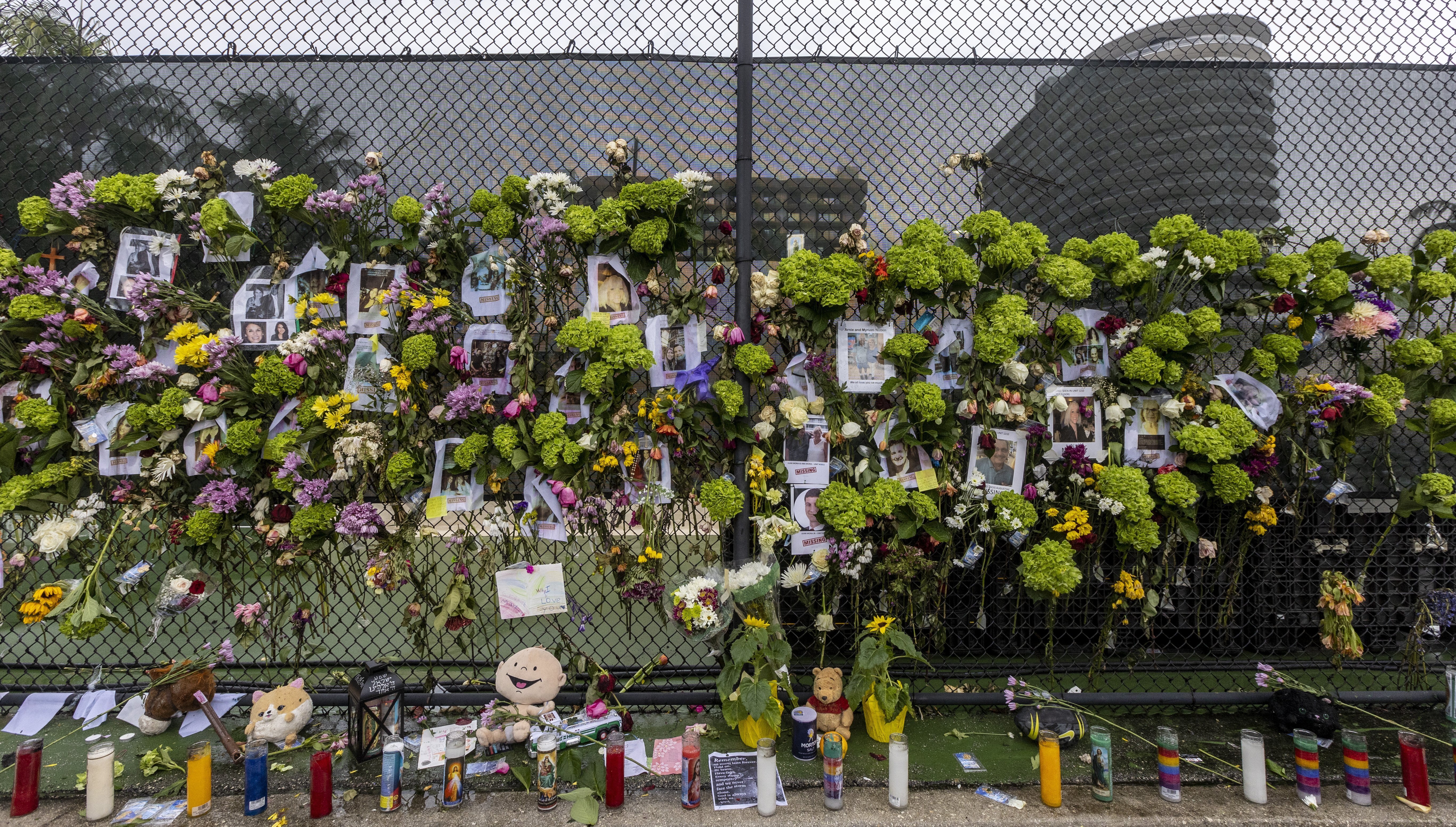 A makeshift memorial was set up near the site of the collapsed condominium in Surfside, Fla., on Monday.