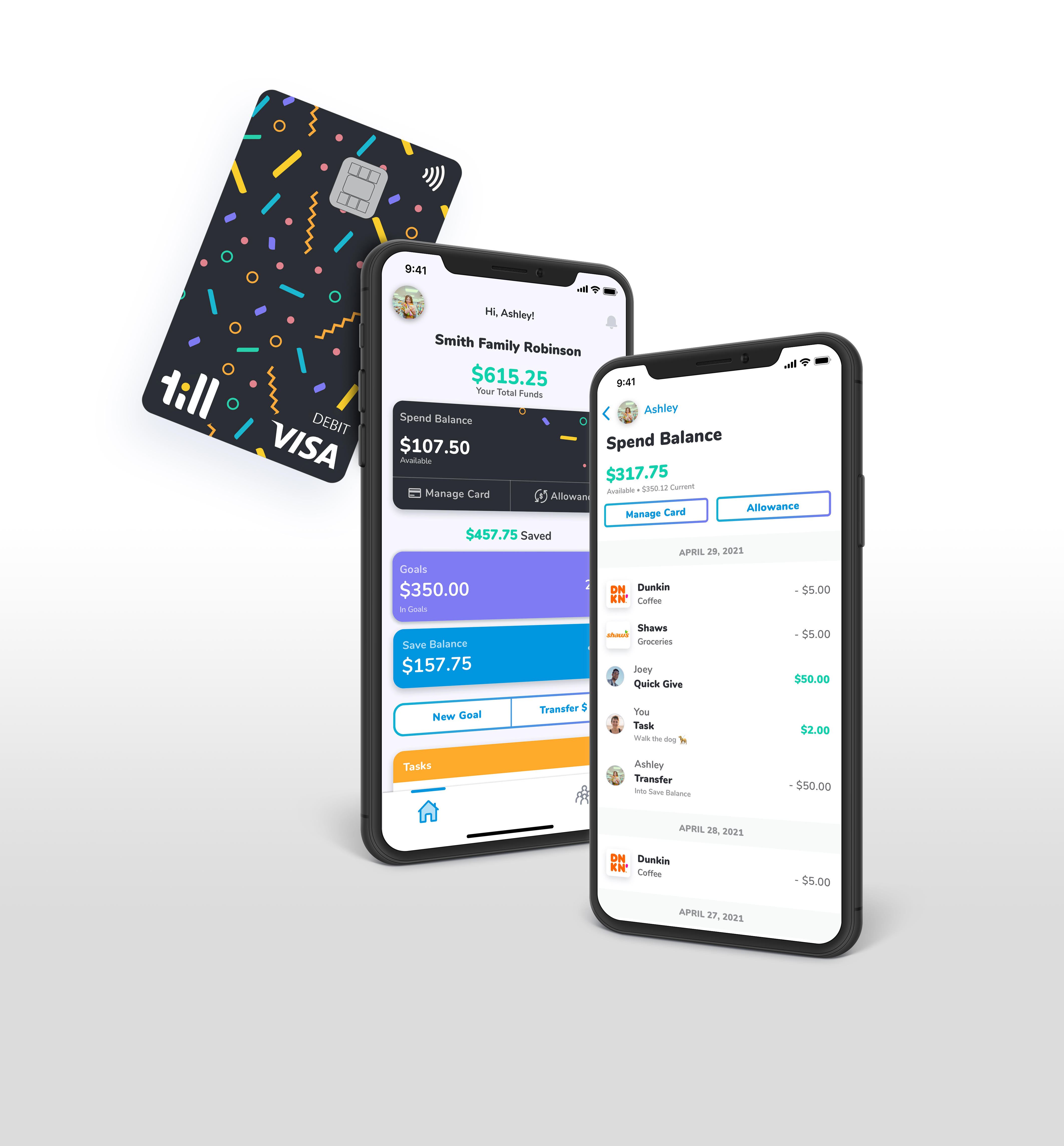 Till Financial's mobile platform, featuring a shared family account for youth spending.