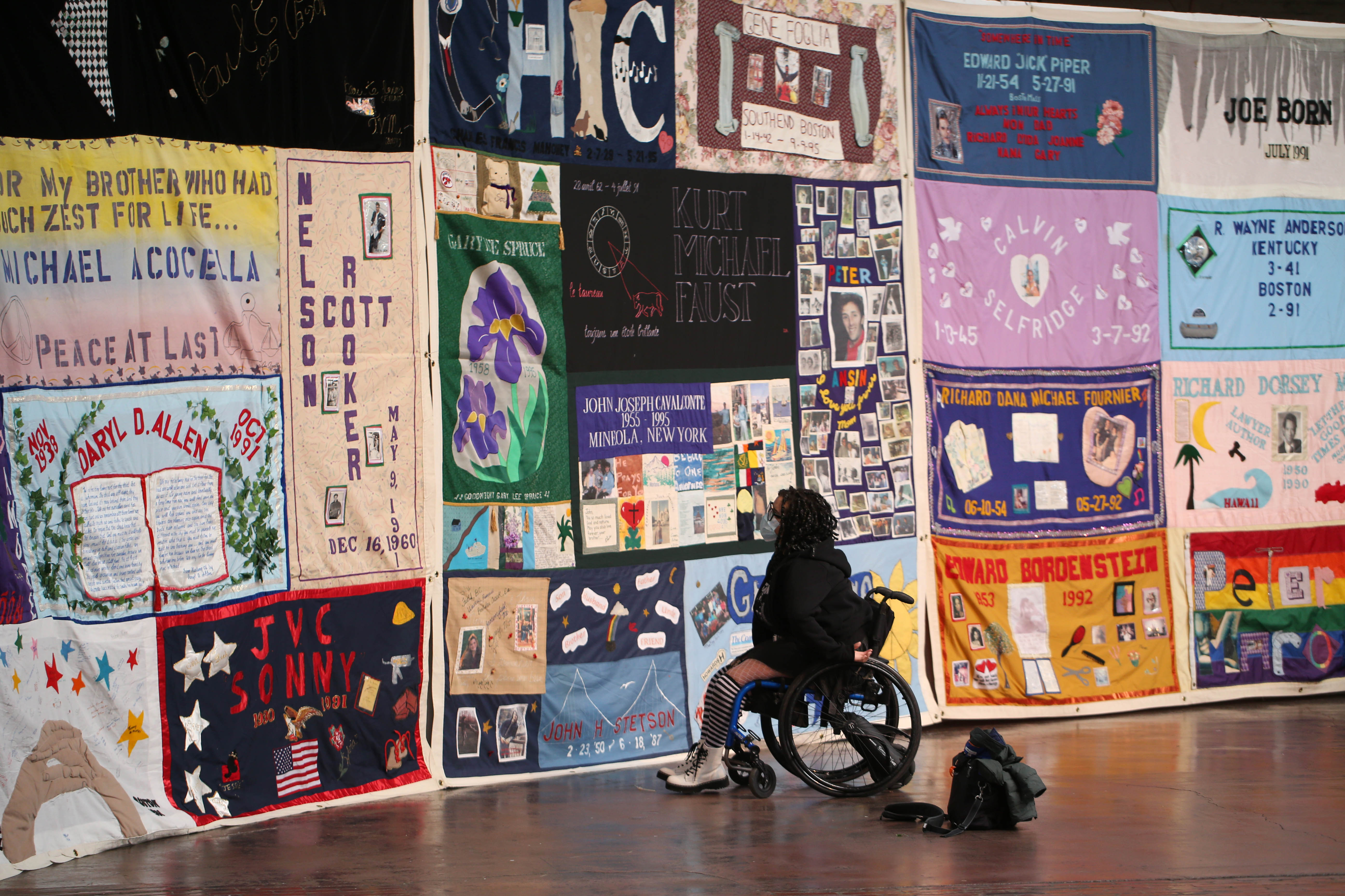 The nonprofit SPOKE hosted a 24-hour vigil at the Cyclorama at the Boston Center for the Arts on December 1 to honor the organization's 30th annual Days Without Art installation.  Shown here is part of the original commemorative AIDS quilt on display at the event. 