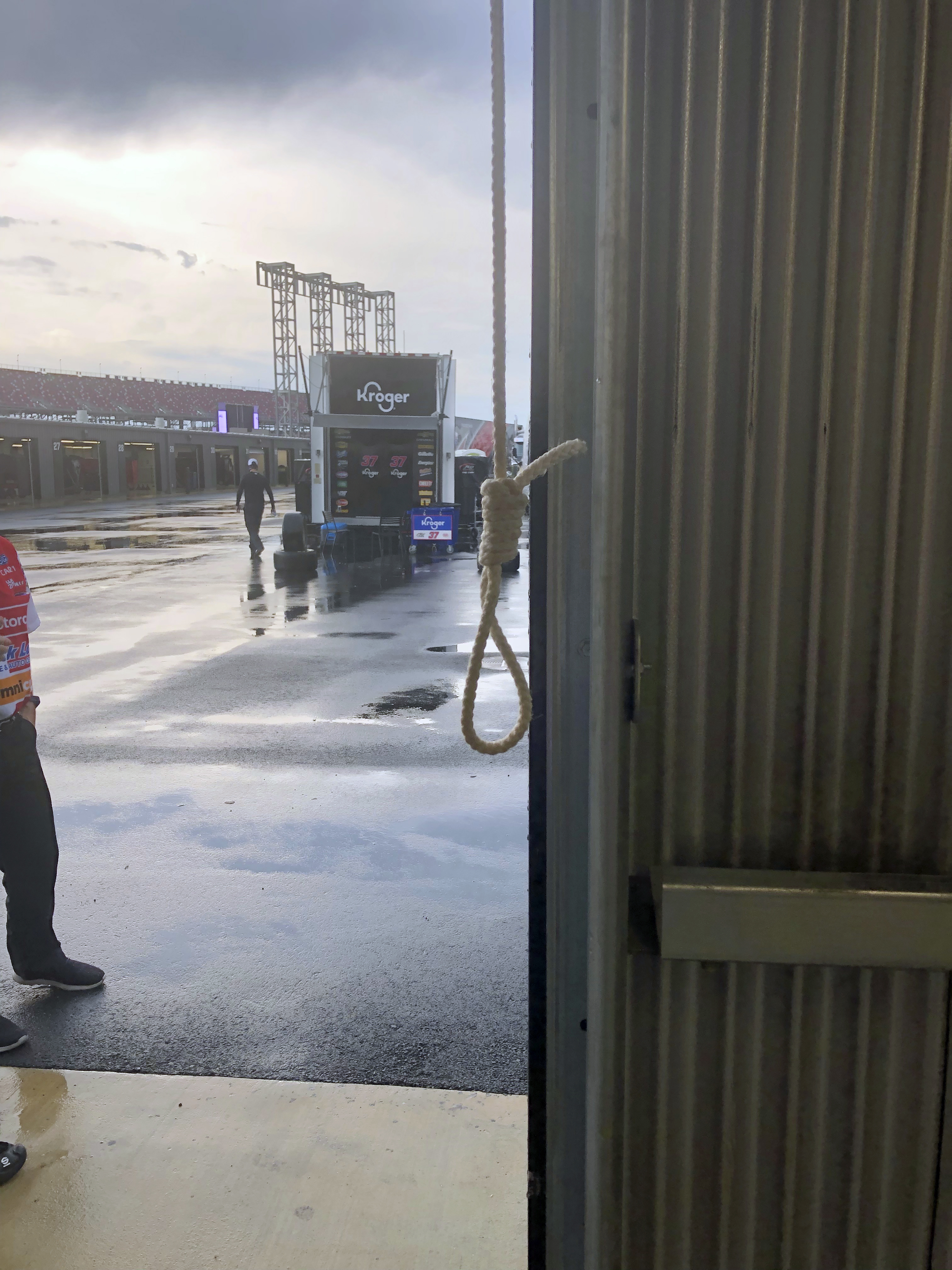 A NASCAR photo shows the noose found in the garage stall of Black driver Bubba Wallace Sunday at Talladega Superspeedway in Alabama.