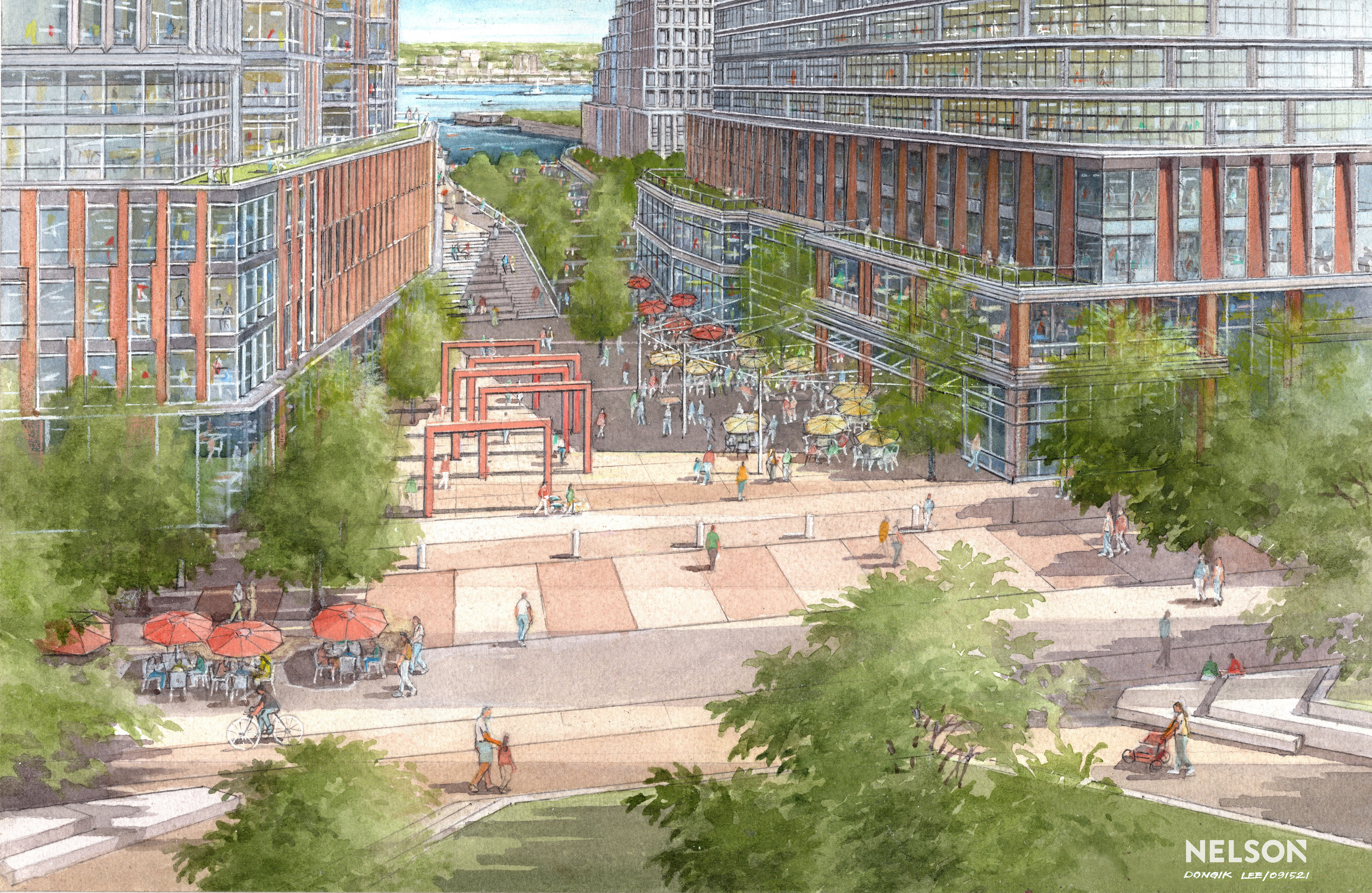 A rendering of a large new development being proposed on Medford Street along the Mystic River in Charlestown.