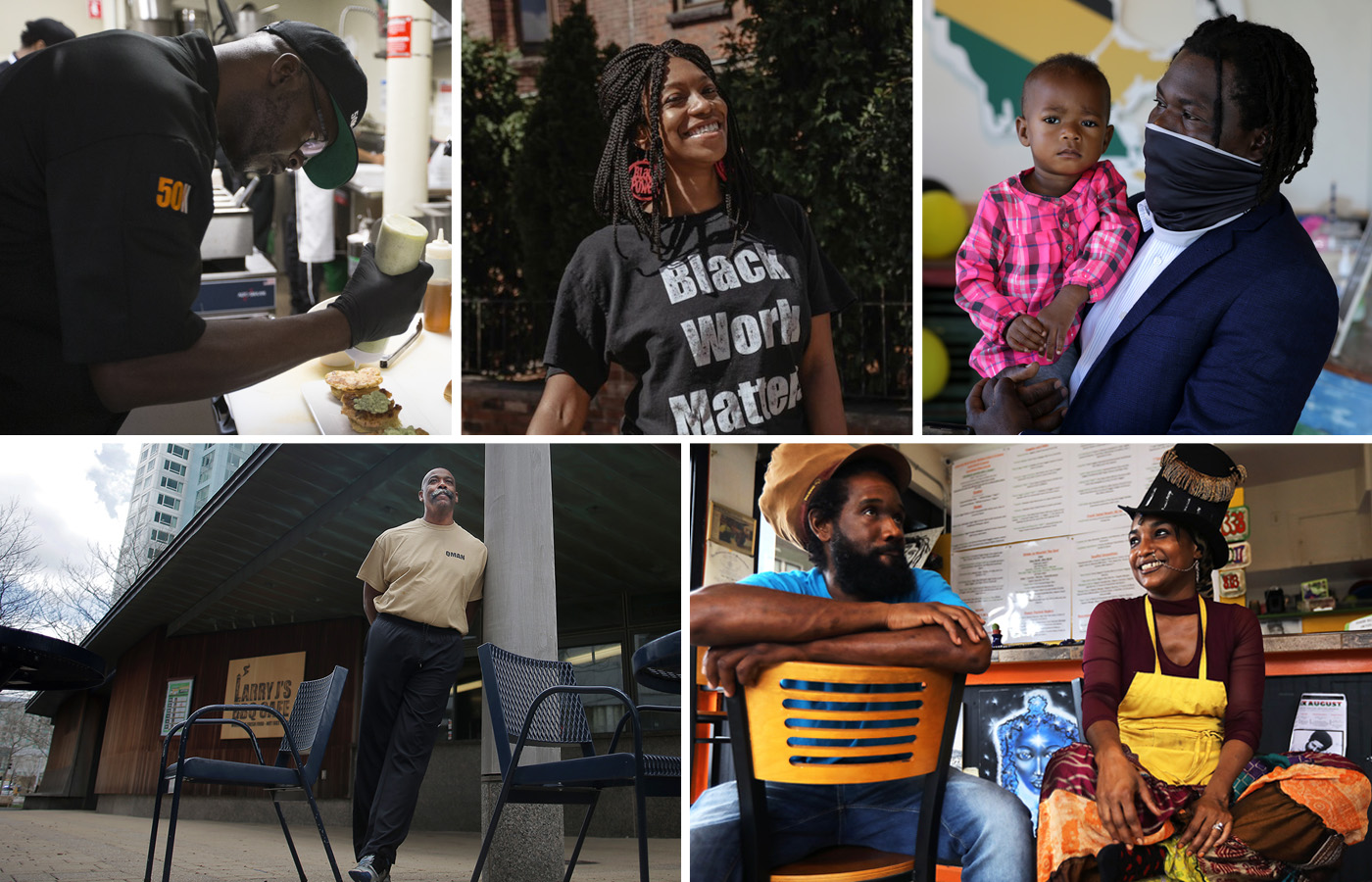 From left to right, top to bottom: Anthony Caldwell, owner and executive chef at 50Kitchen; Kyisha Davenport, bar director at Union Square's Tanám; Jamaica Mi Hungry restaurant owner Ernie Campbell and his daughter Amina; Larry Jimerson owns Larry J's BBQ Cafe; and Jahriffe Mackenzie and Nahdra Ra-Kiros of Oasis Vegan Veggie Parlor.