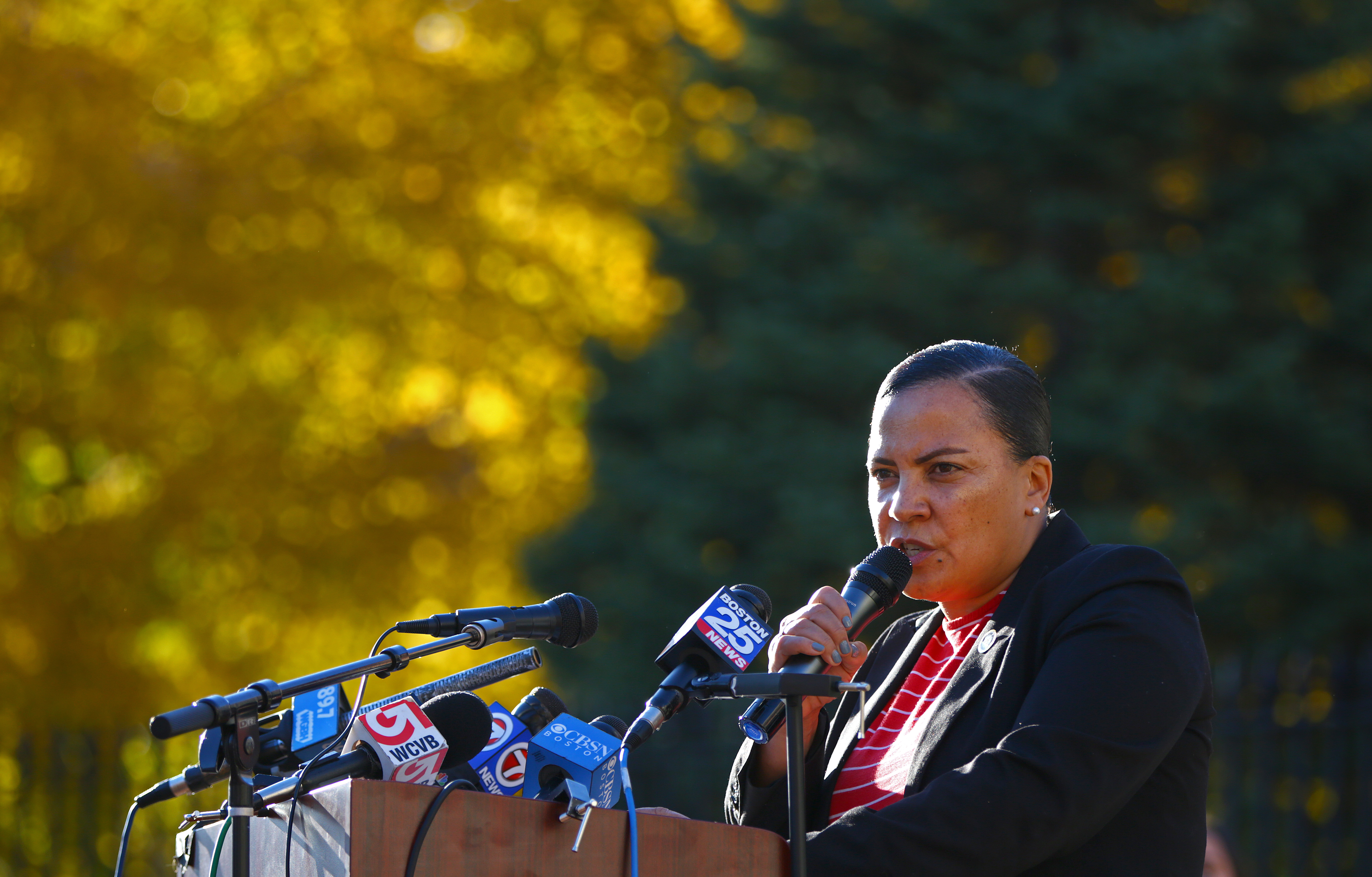 Suffolk County District Attorney Rachael Rollins spoke at a press conference in front of the Massachusetts State House to call for the release of prisoners endangered by the continuing coronavirus pandemic.
