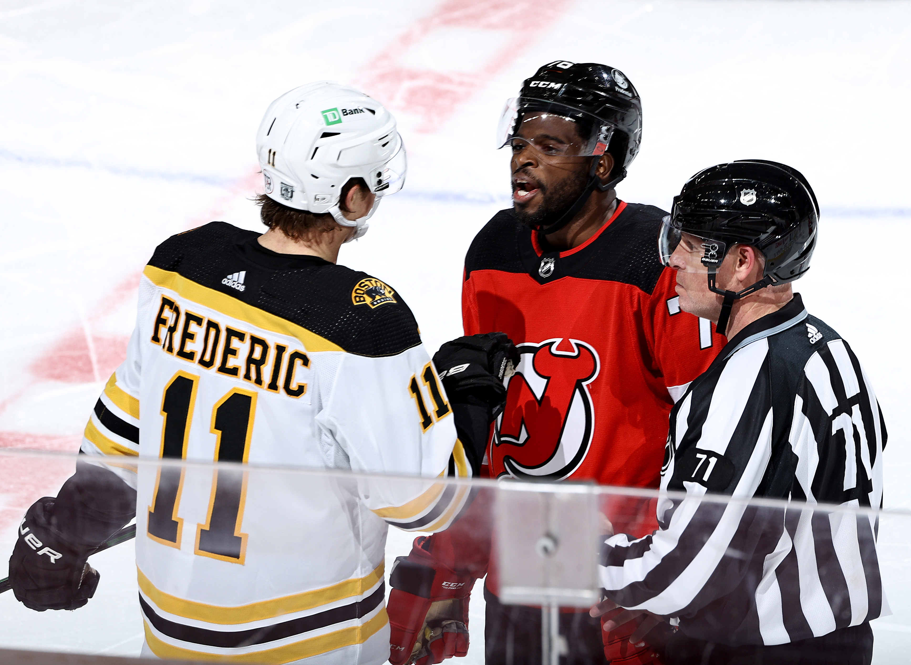 Bruins' Trent Frederic couldn't get New Jersey's P.K. Subban to