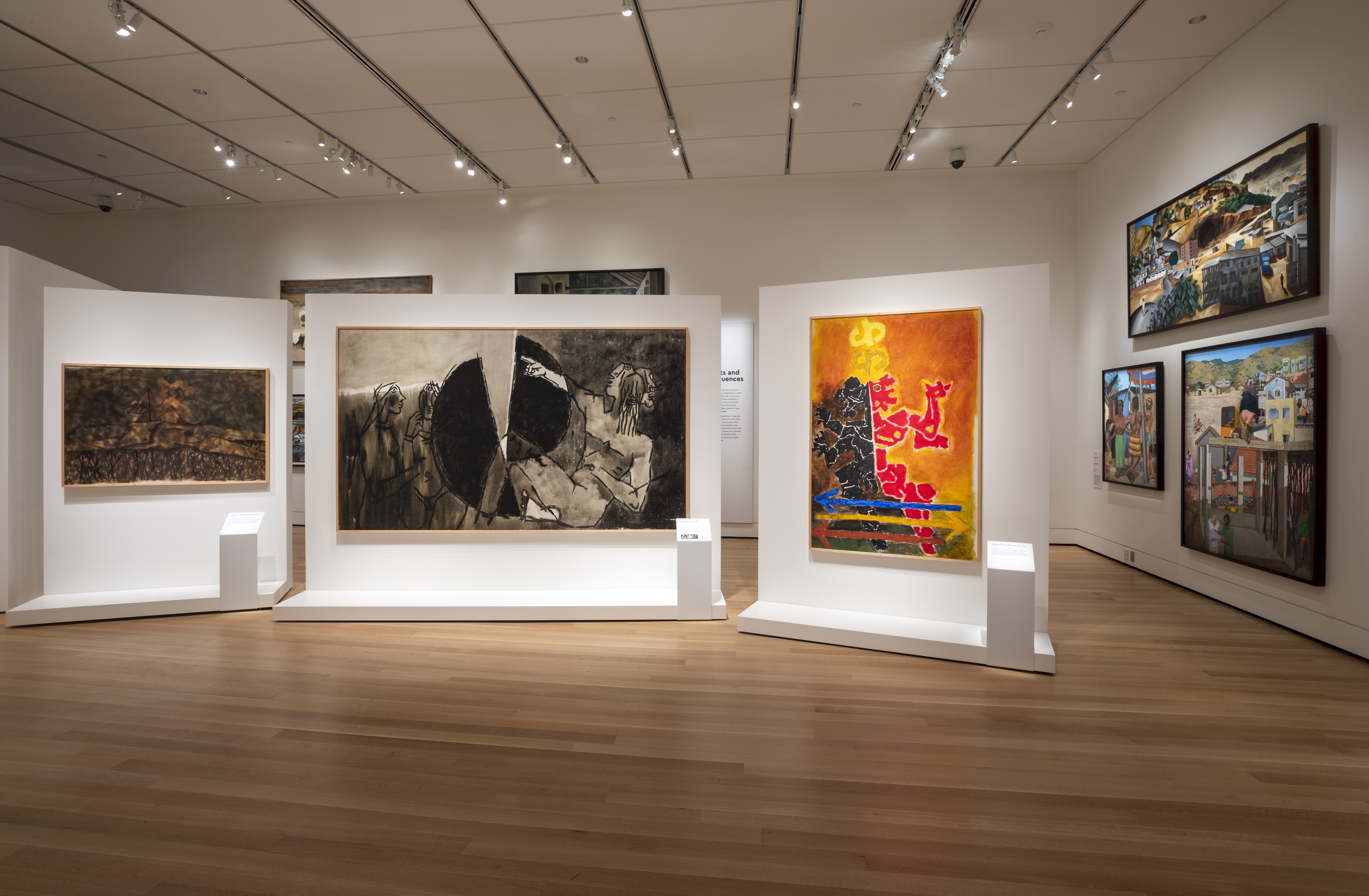 Works by Maqbool Fida Husain in the new South Asian galleries at Peabody Essex. "Duryodhana Arjuna Split (Mahabharata 9)” is second from left.