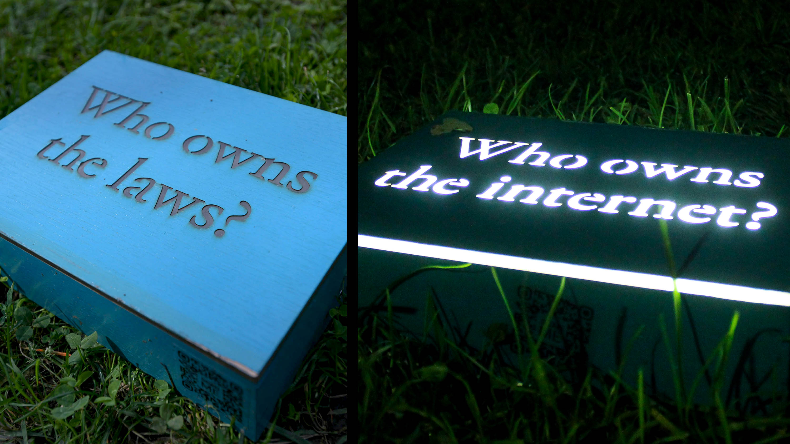 Blue boxes, internally lit at night, lay on the Boston Common grass as part of the “What Do We Have In Common” art installation by Janet Zweig on Sept. 30.