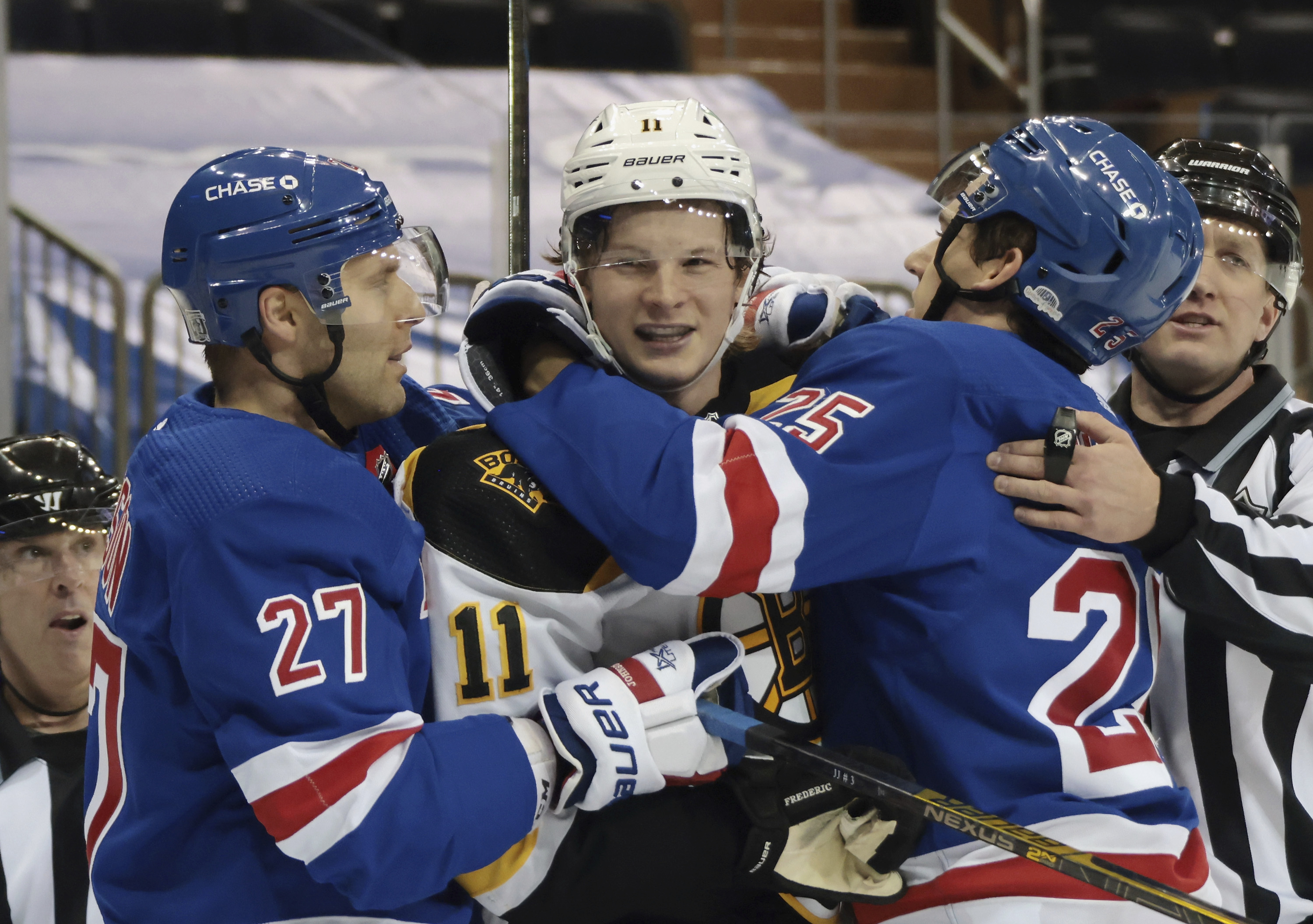 Trent Frederic (center) has frequently found himself in the middle of the action this season.