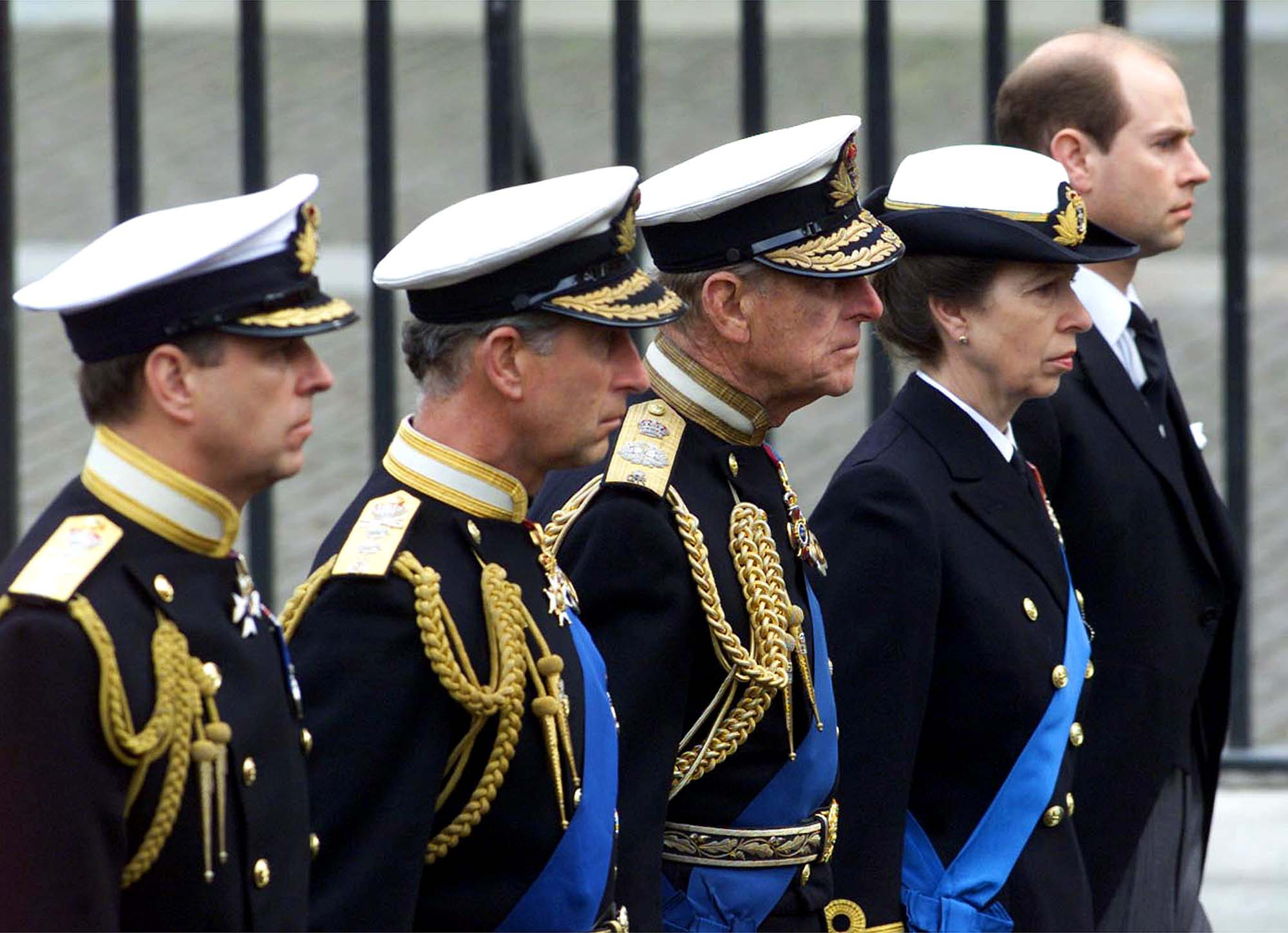 In this April 9, 2002 file photo, members of the British royal family followed the coffin of the Queen Mother en route to her funeral in Westminster Abbey in London. From left: Prince Andrew, Prince Charles, Prince Philip, Princess Anne and Prince Edward.